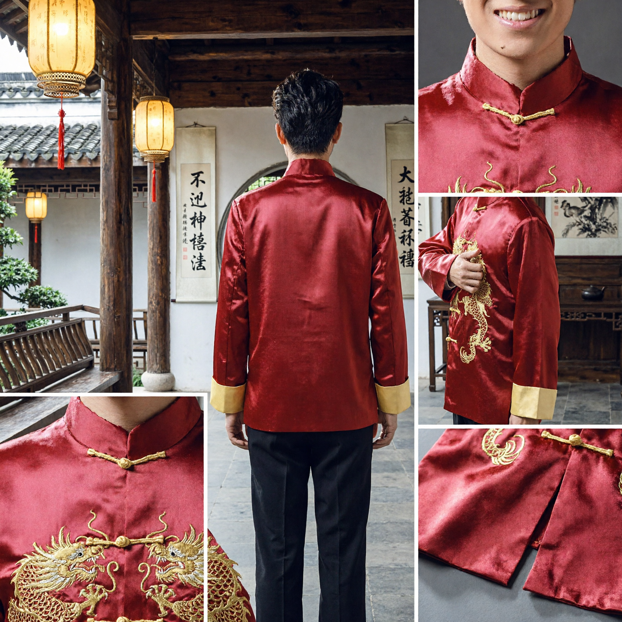 Men's Red Silk Tang Suit Chinese Traditional Dragon Embroidery Jacket Wedding Groom Outfit Mandarin Collar Top - Asian Costume
