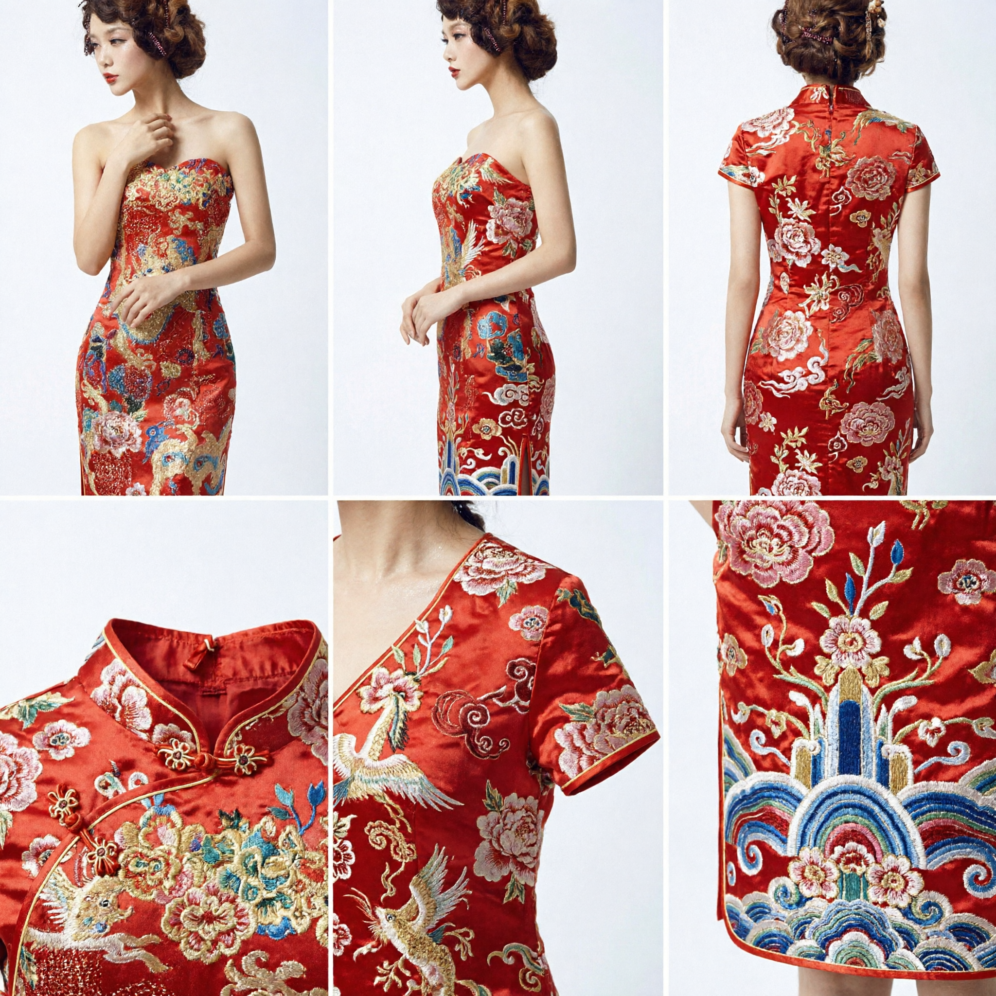 Elegant Red Chinese Wedding Dress Dragon Phoenix Embroidery Strapless Mermaid Gown for Bride - Asian Costume