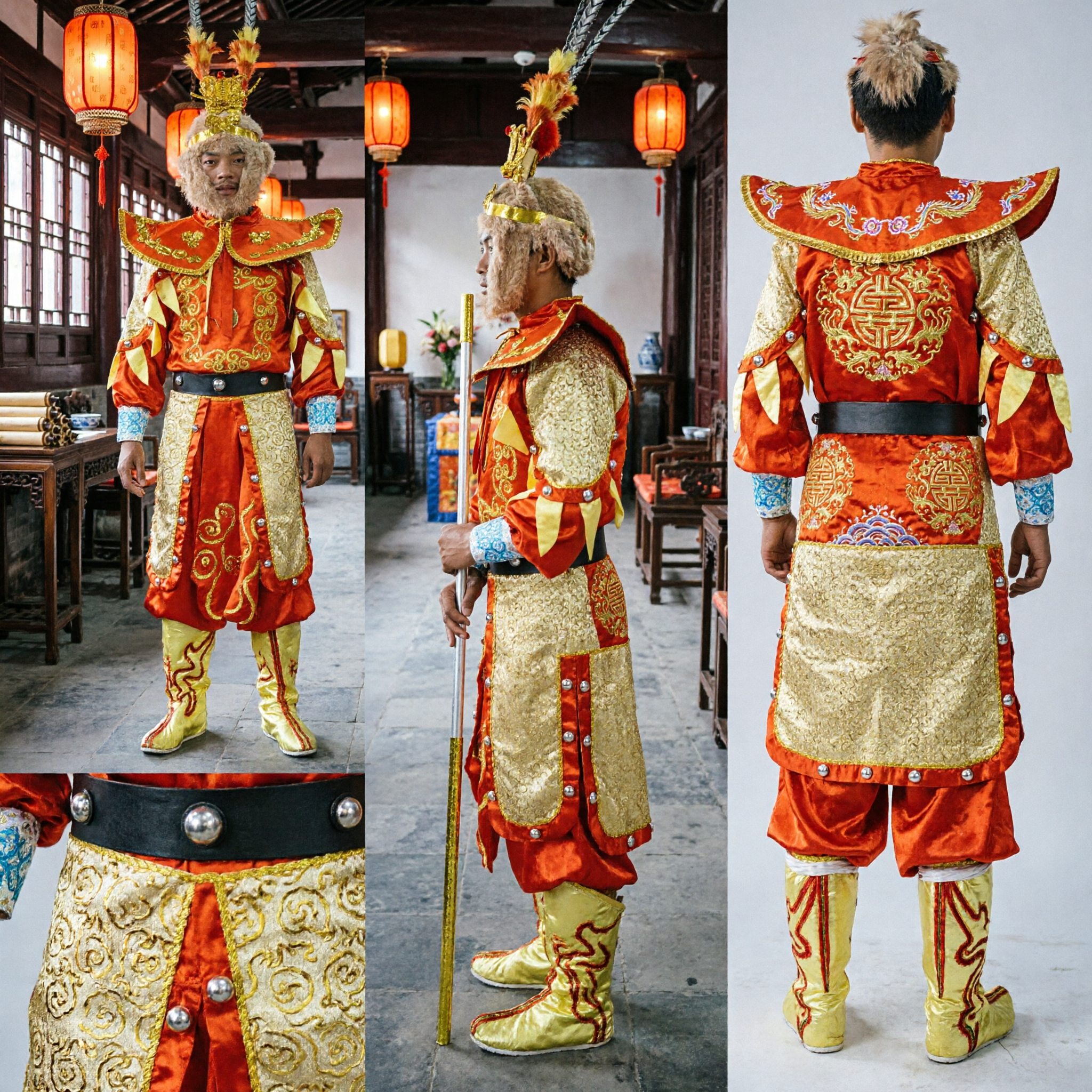 Men's Chinese Monkey King Sun Wukong Costume Traditional Opera Armor Set with Golden Staff for Cosplay and Halloween - Asian Costume