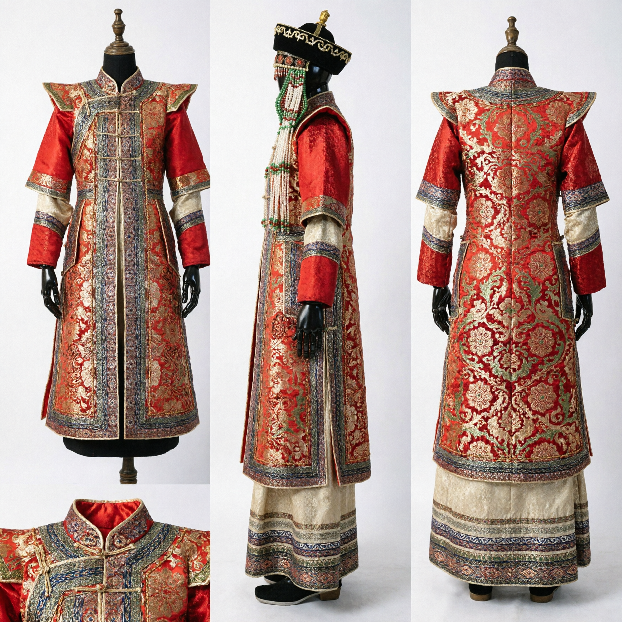 Traditional Mongolian Women's Wedding Costume Red Embroidered Robe with Beaded Headdress Ethnic Minority Ceremony Dress - Asian Costume