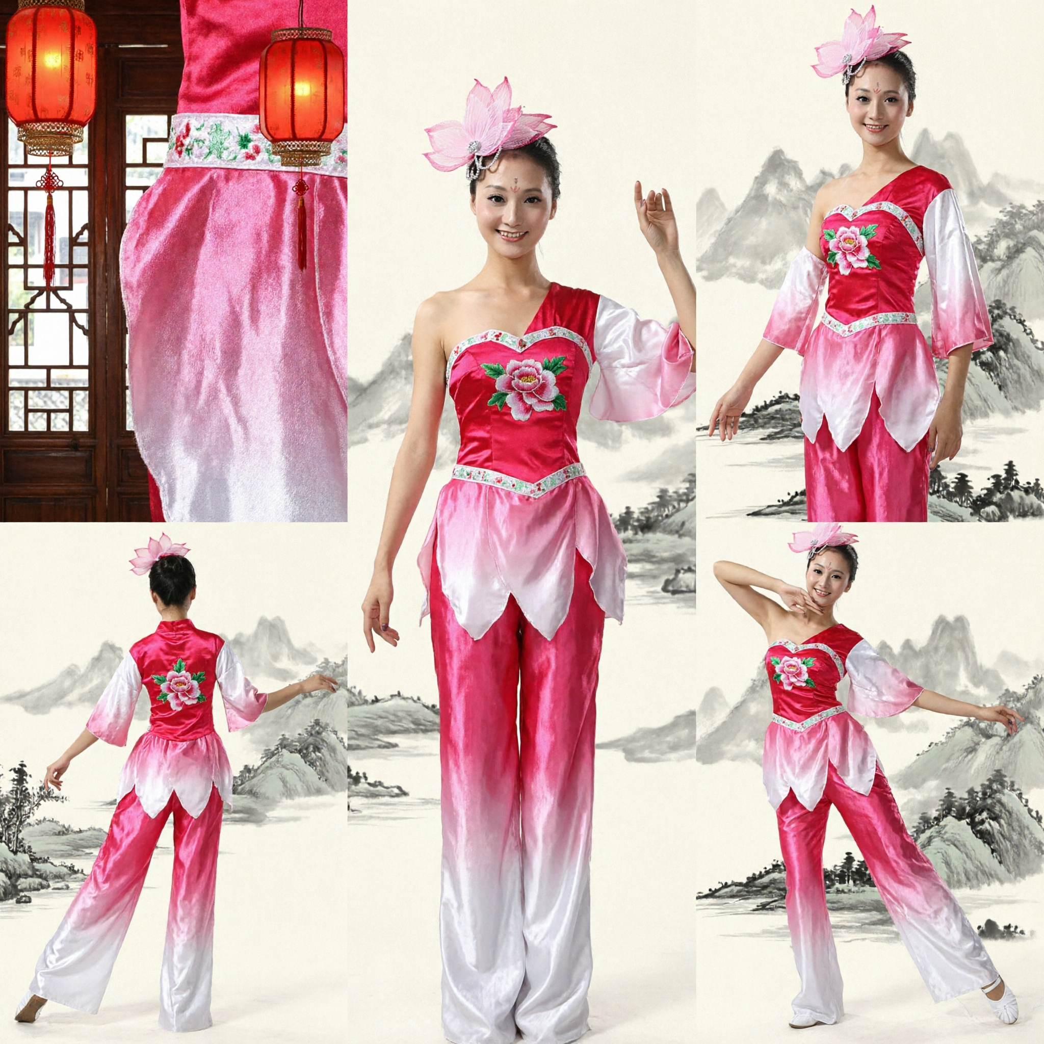 Women's Traditional Chinese Folk Dance Costume Pink Lotus Yangge Stage Performance Outfit Satin Set - Asian Costume