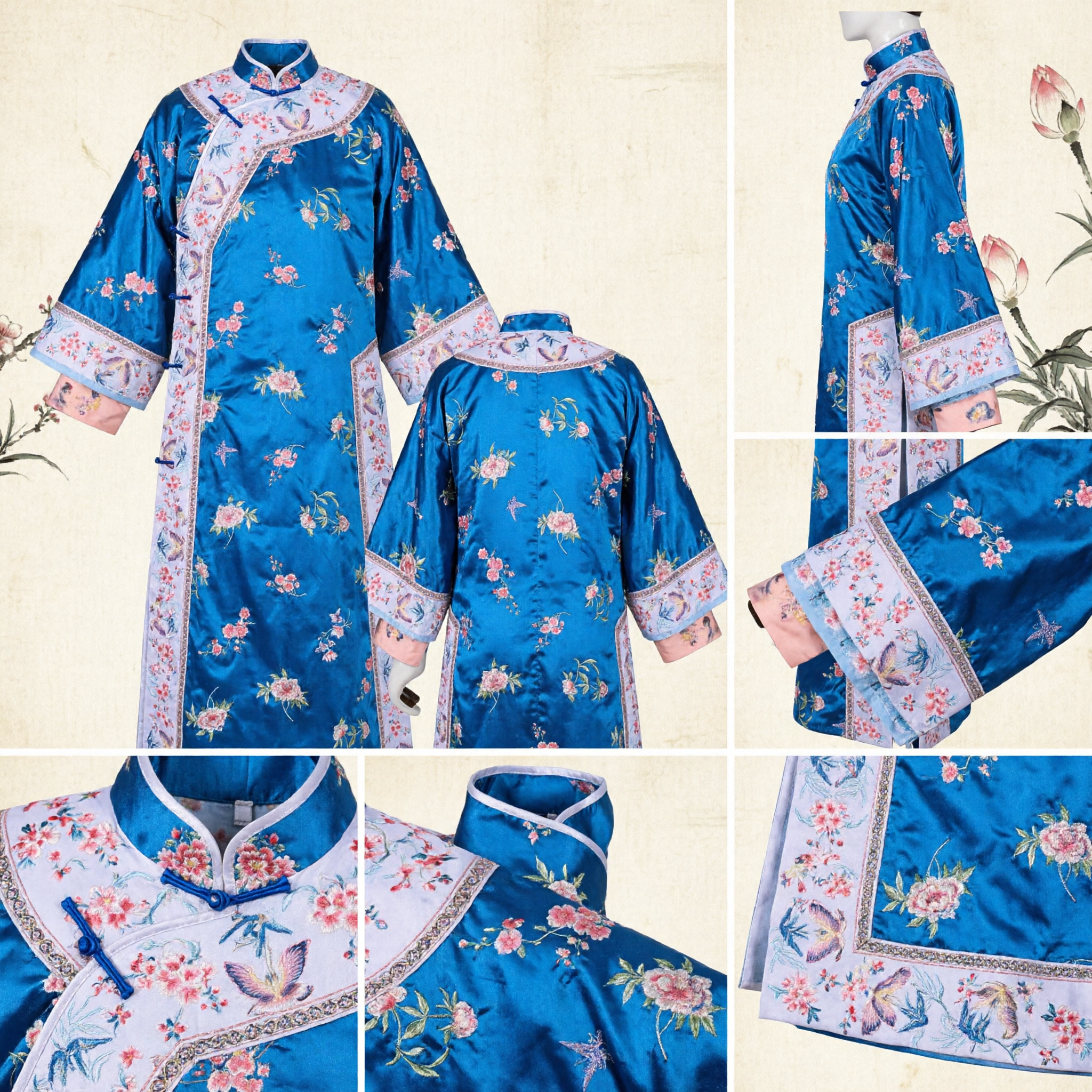 Traditional Blue Silk Changshan Robe Floral Embroidery Mandarin Collar Costume for Cultural Events and Performances - Asian Costume