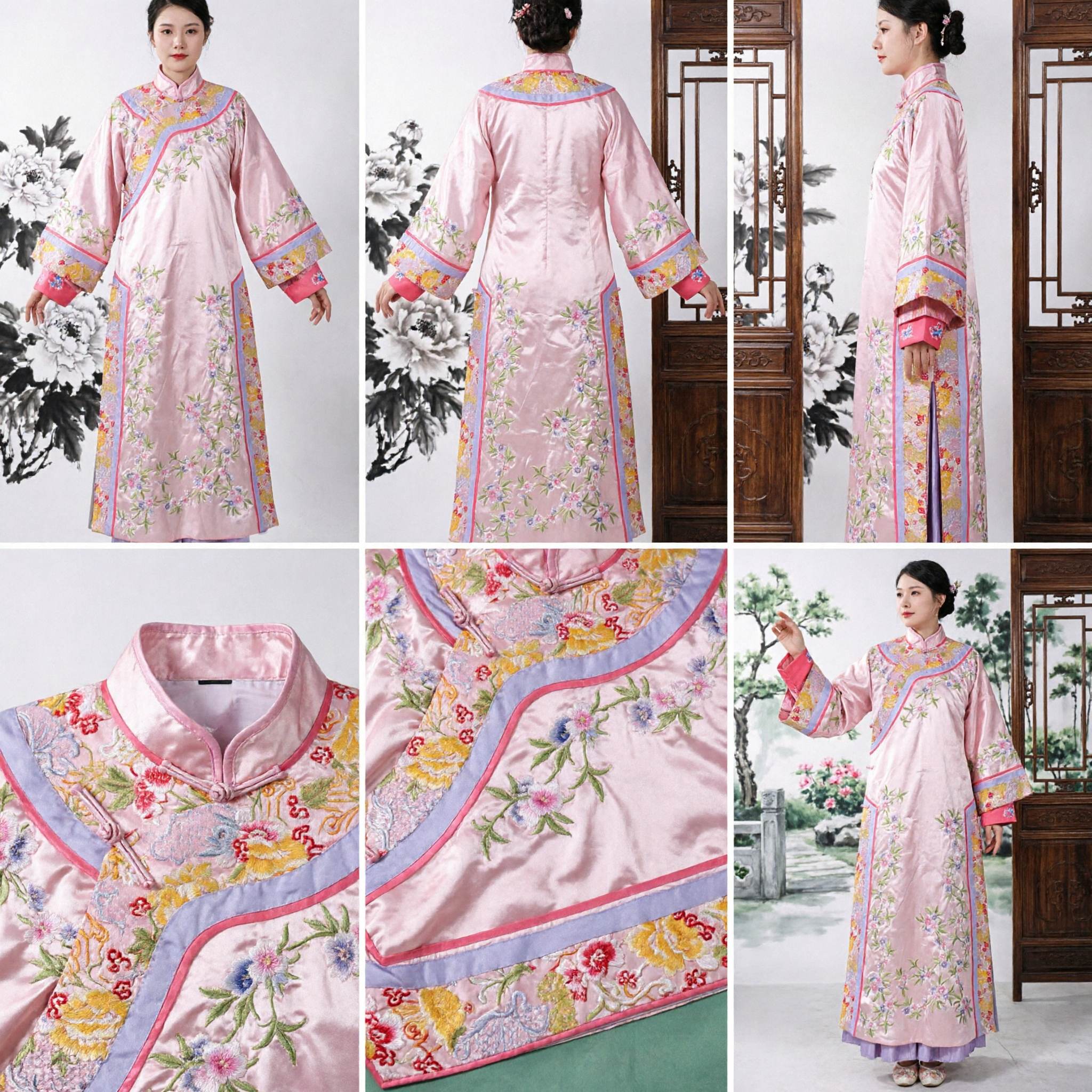 Elegant Pink Traditional Chinese Silk Dress Floral Embroidery Vintage Cheongsam Robe for Wedding Performance - Asian Costume