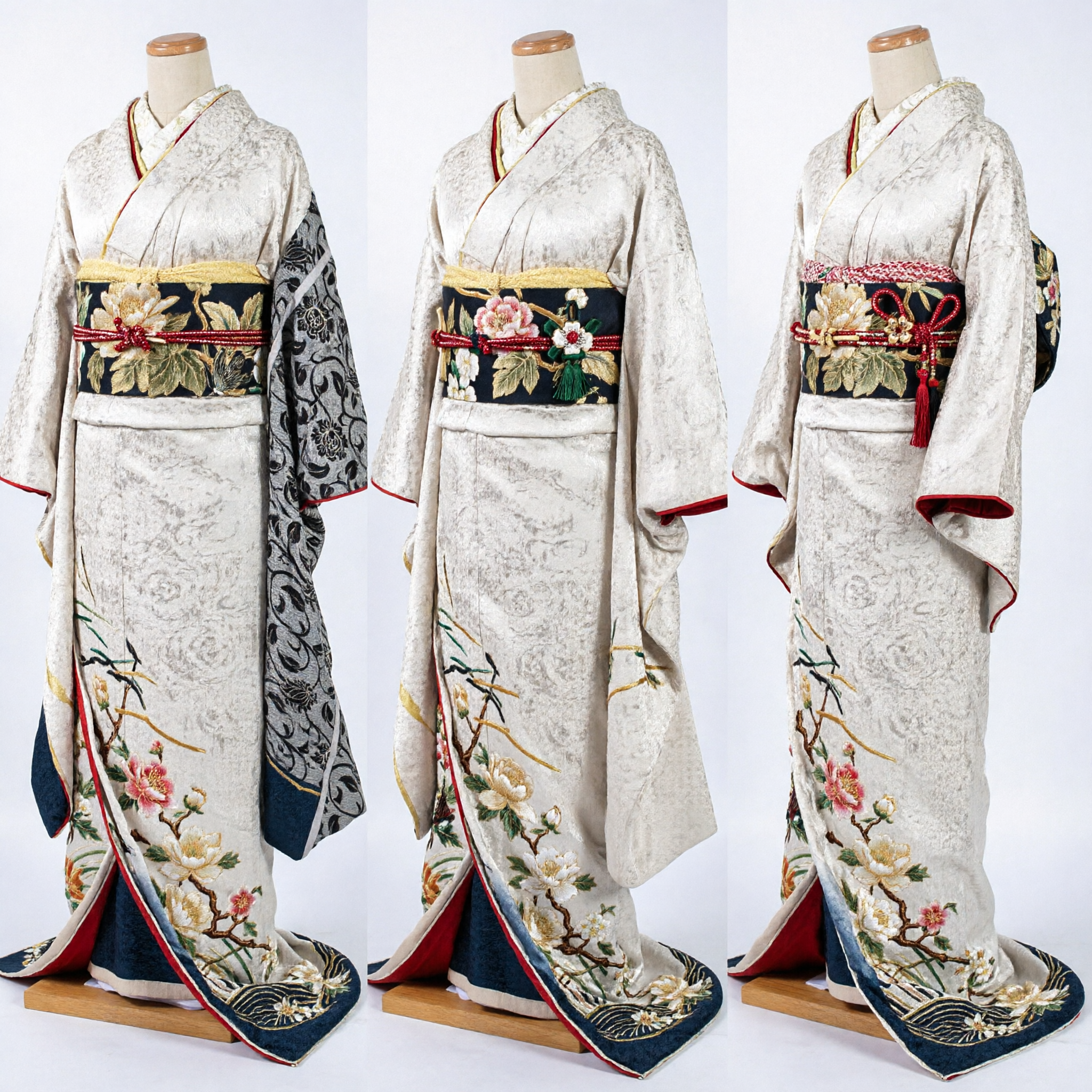 Elegant Traditional Japanese Silver Kimono with Black Floral Brocade Formal Costume for Women Performance Wear - Asian Costume