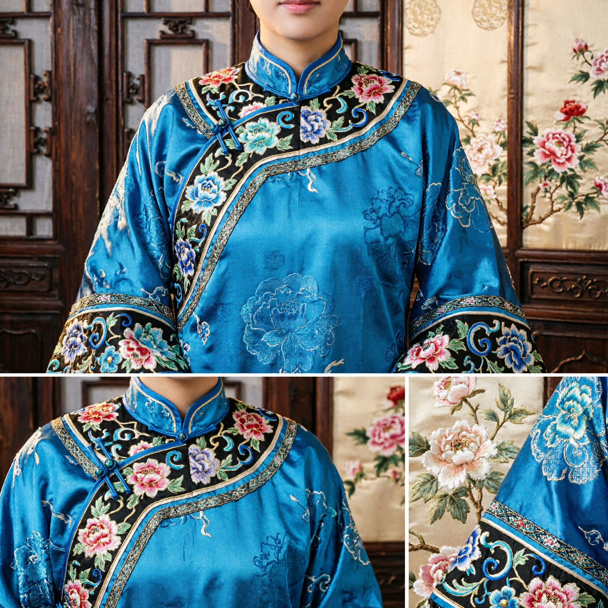 Traditional Chinese Qing Dynasty Hair Accessories Set Ancient Palace Manchu Headdress Blue Floral Pins for Women Cosplay - Asian Costume