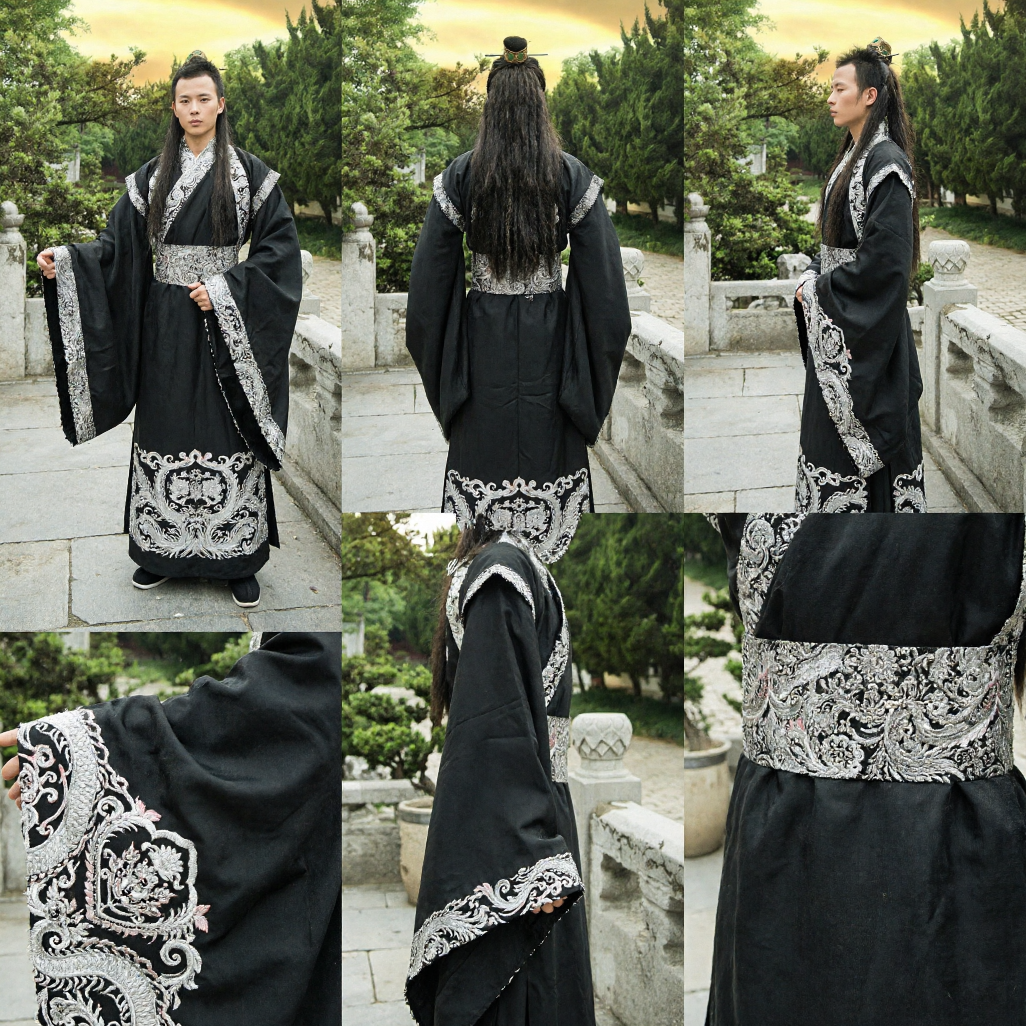 Men's Black Ancient Chinese Hanfu Robe Silver Brocade Wide Sleeve Traditional Costume for Cosplay Performance - Asian Costume