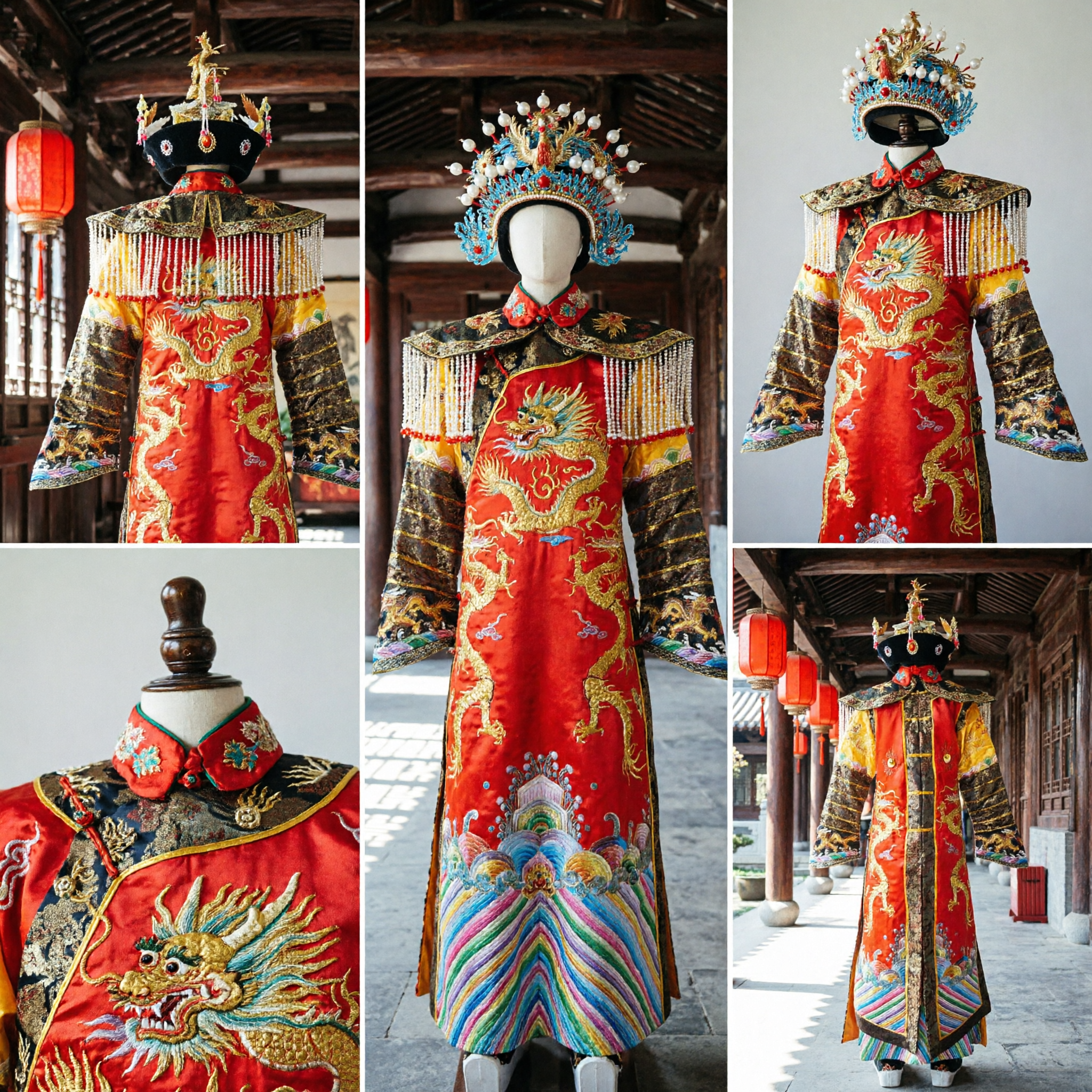 Traditional Chinese Emperor Dragon Robe Qing Dynasty Costume Complete Set with Crown for Men Stage Performance - Asian Costume