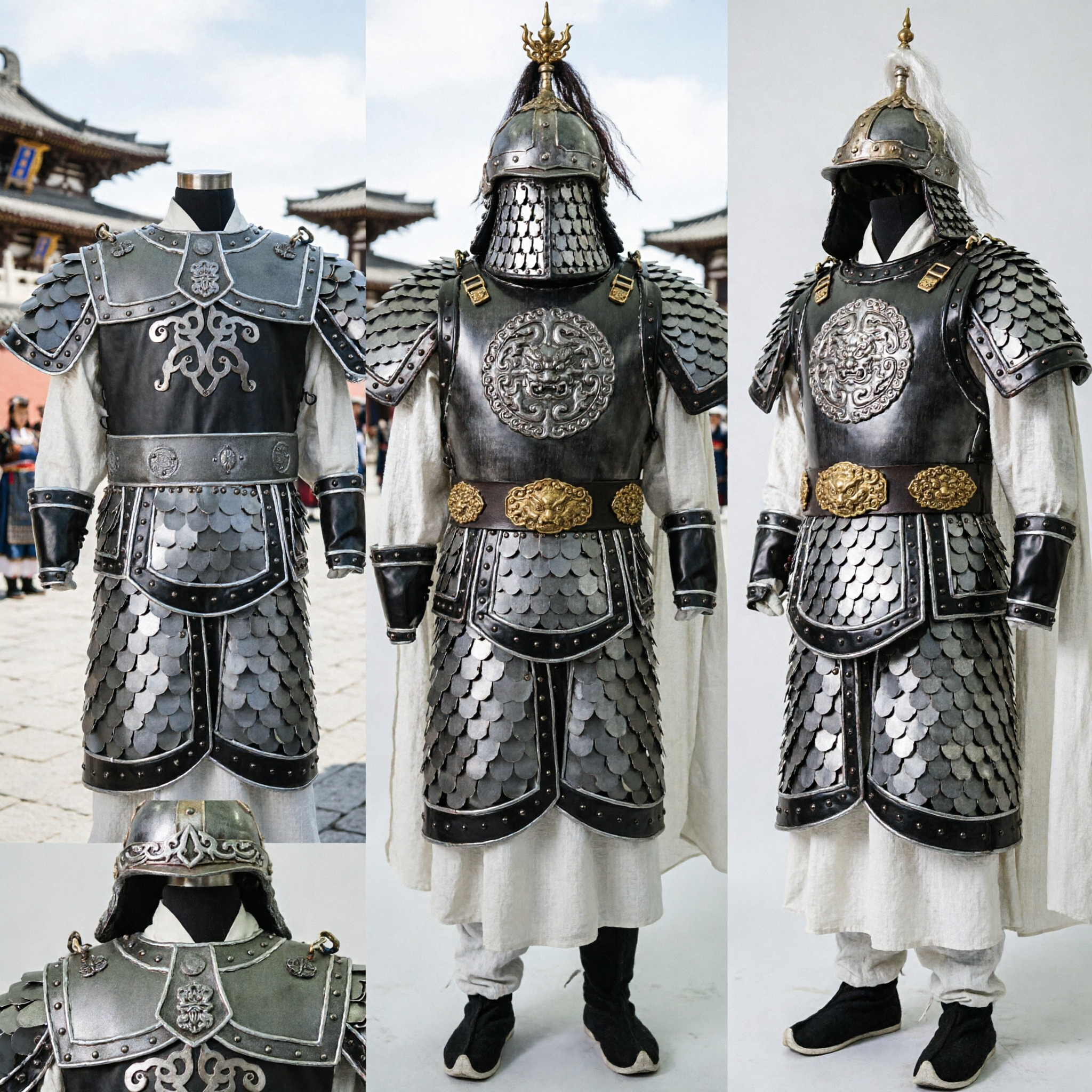 Complete Ancient Chinese General Warrior Armor Set with Helmet and Scale Mail for Cosplay and Performance - Asian Costume