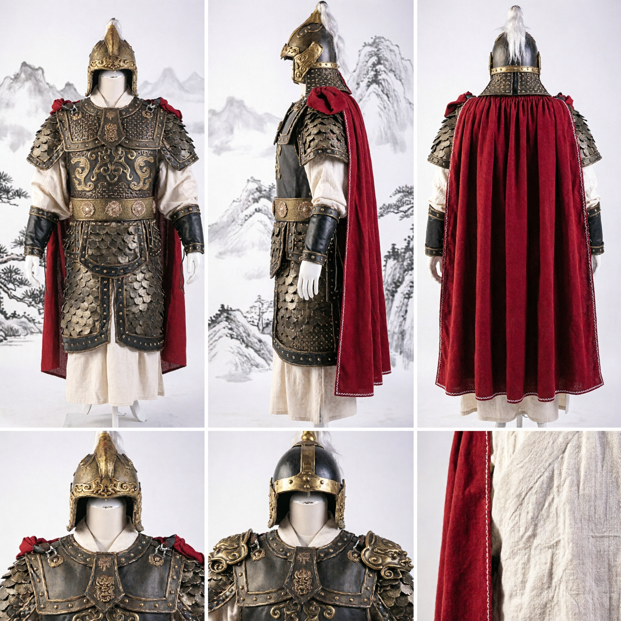 Ancient Chinese General Armor Cosplay Costume for Men Historical Reenactment Stage Performance Outfit with Helmet - Asian Costume
