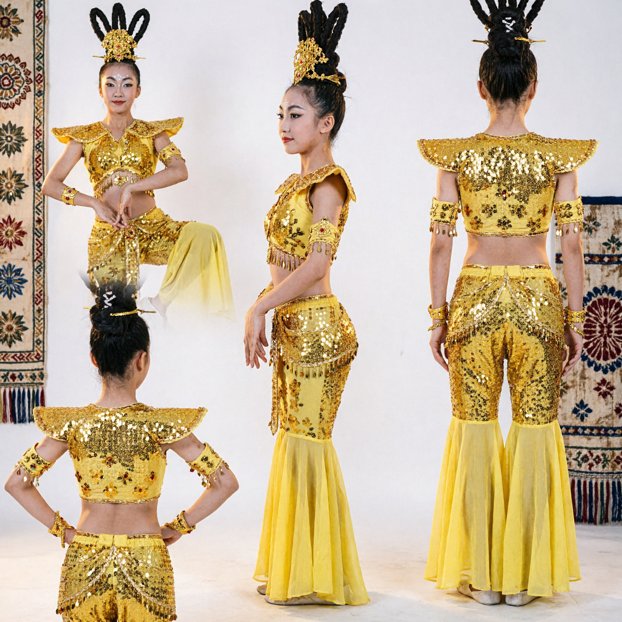 Women's Traditional Chinese Yellow Folk Dance Costume Set with Sequined Top and Headdress for Stage Performance - Asian Costume