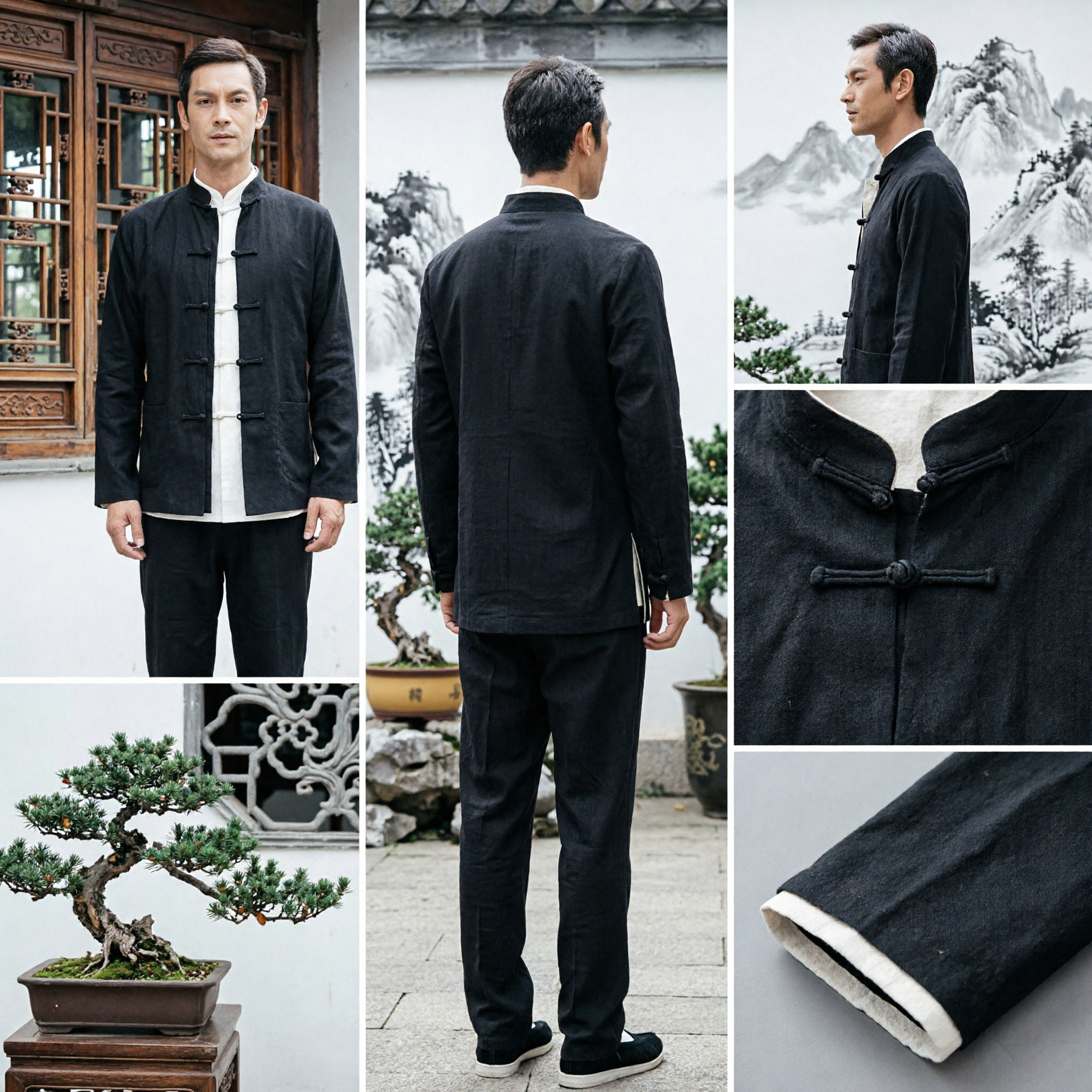 Men's Traditional Chinese Tang Suit Linen Kung Fu Tai Chi Jacket and Pants Ethnic Clothing Set - Asian Costume