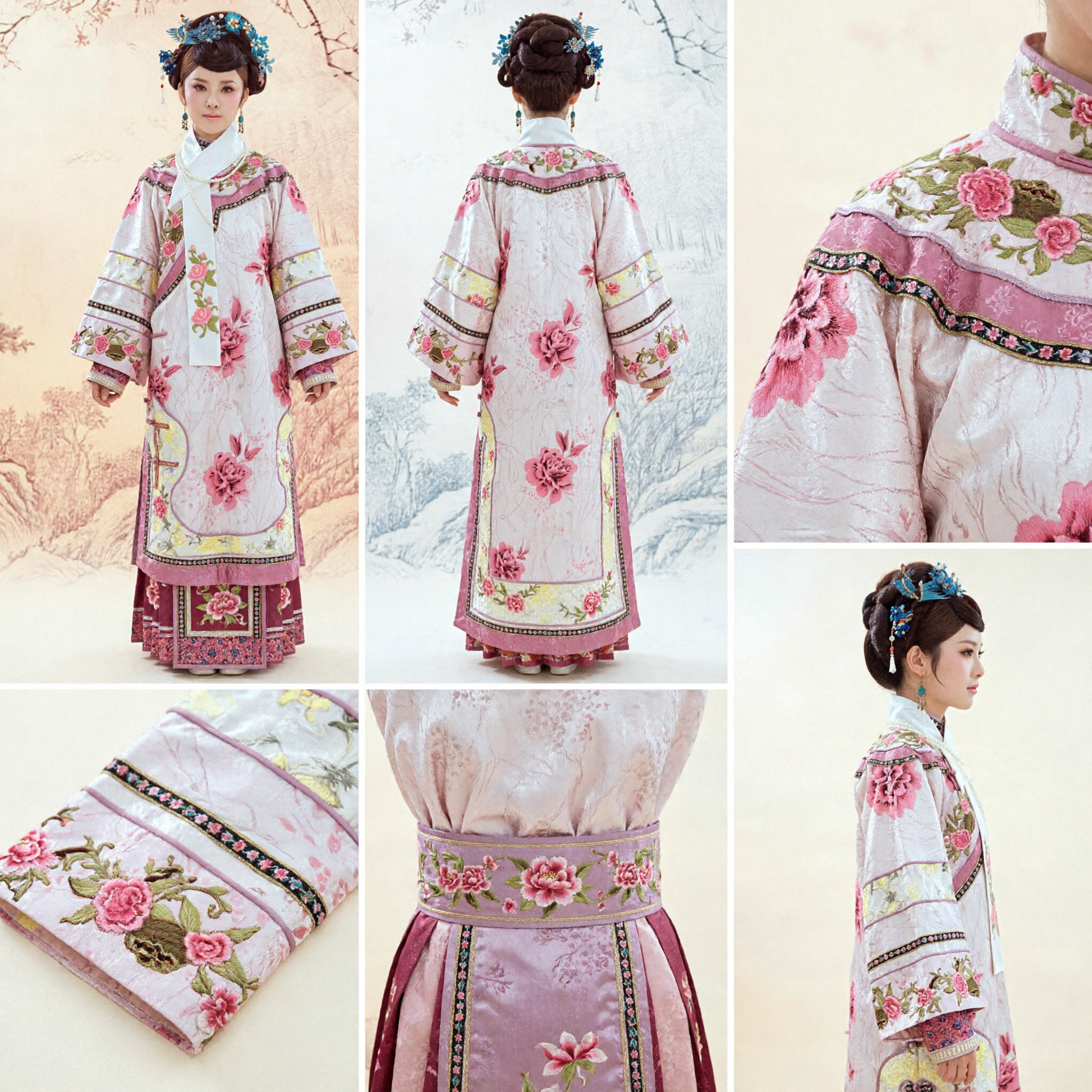 Traditional Chinese Qing Dynasty Manchu Empress Costume Pink Floral Embroidered Qizhuang Dress for Women Cosplay - Asian Costume