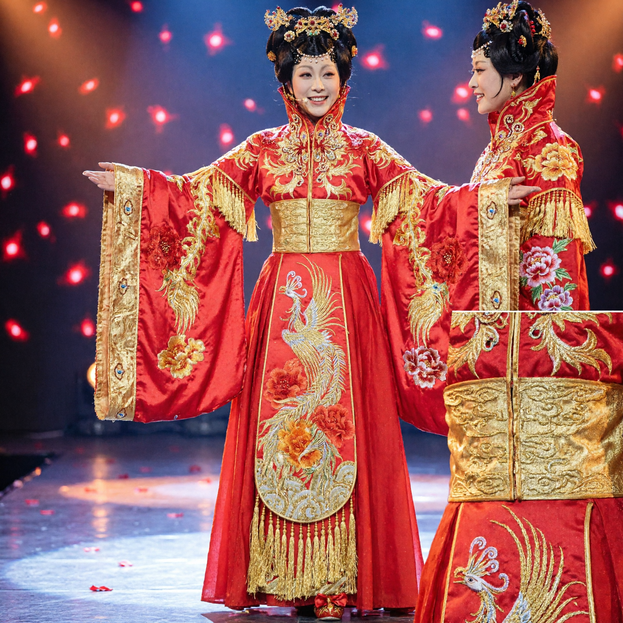 Women's Chinese Traditional Red Empress Costume with Gold Phoenix Embroidery for Stage Performance and Dance - Asian Costume