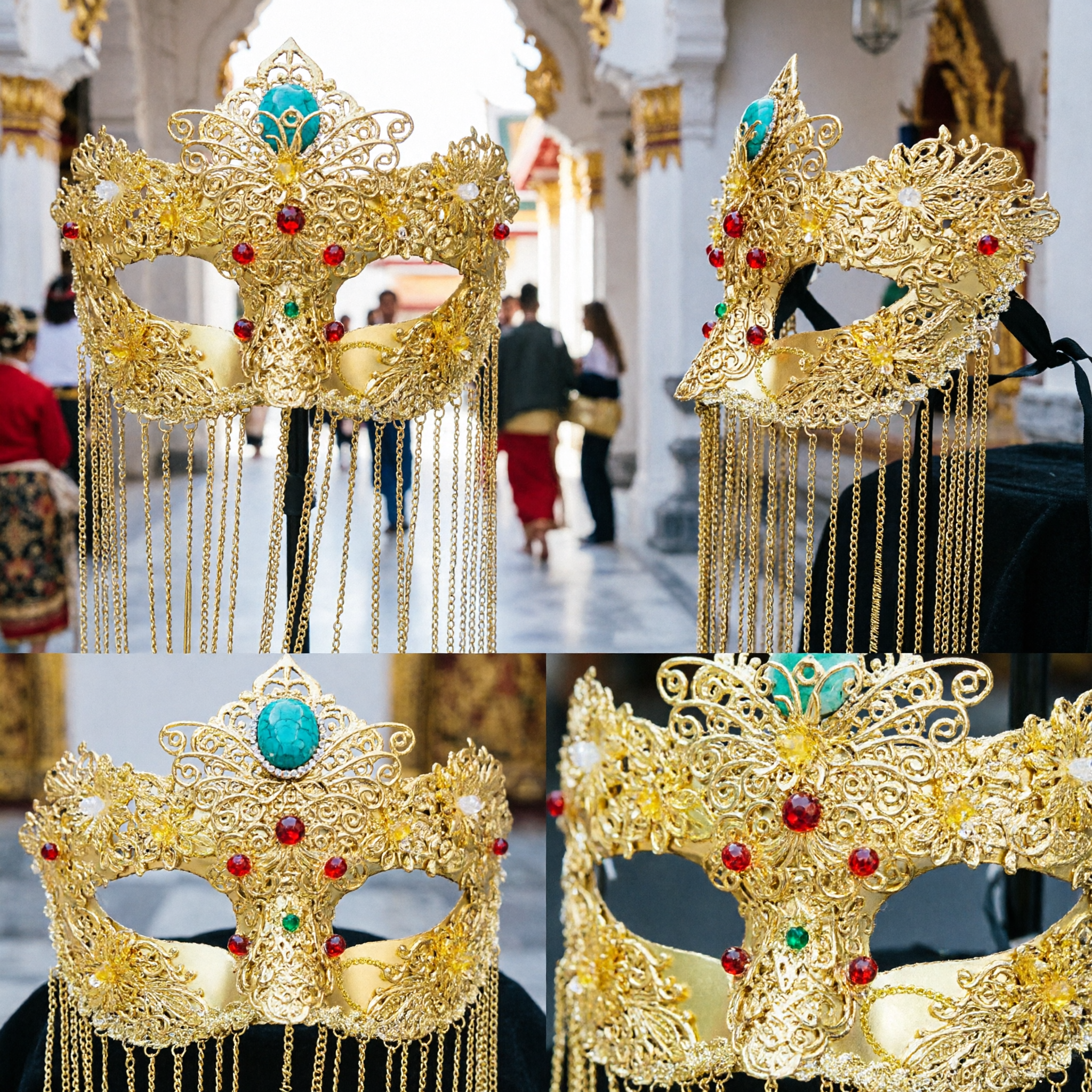Gold Chinese Style Filigree Masquerade Mask with Long Tassels and Gems for Women Costume Party - Asian Costume