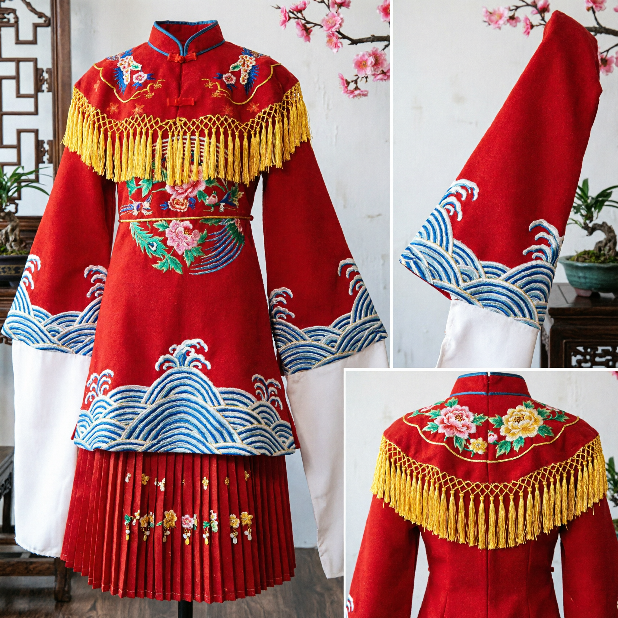 Traditional Chinese Peking Opera Red Embroidered Costume with Water Sleeves and Tassels for Kids Stage Performance - Asian Costume