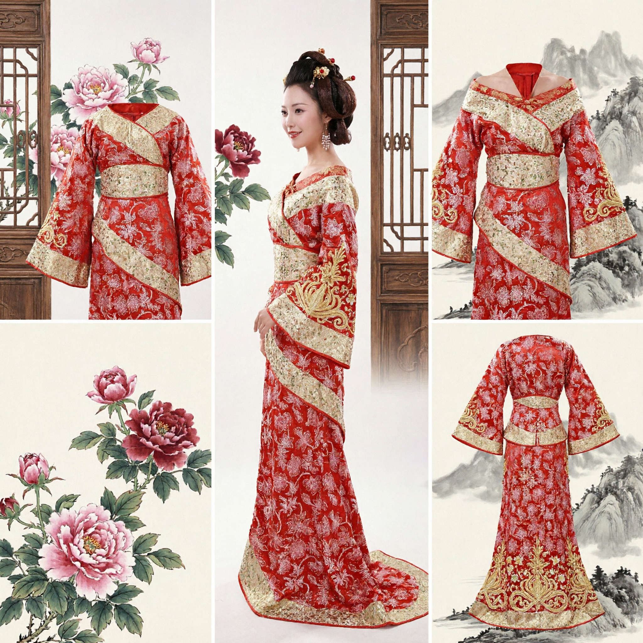 Elegant Red Floral Brocade Chinese Traditional Hanfu Gown for Women Wedding Banquet and Stage Performance - Asian Costume
