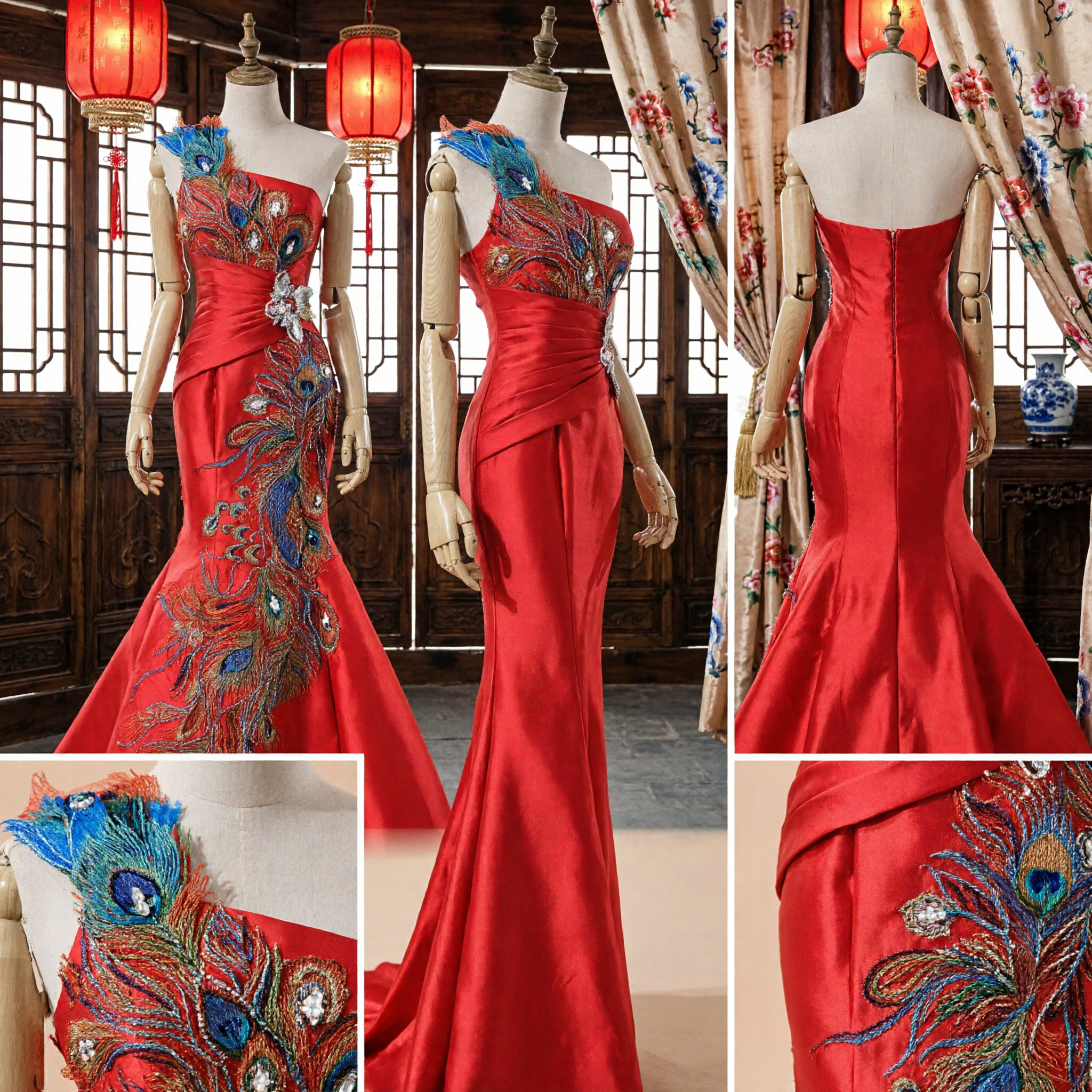Luxurious Red One-Shoulder Mermaid Evening Gown with Peacock Embroidery for Formal Occasions and Weddings - Asian Costume