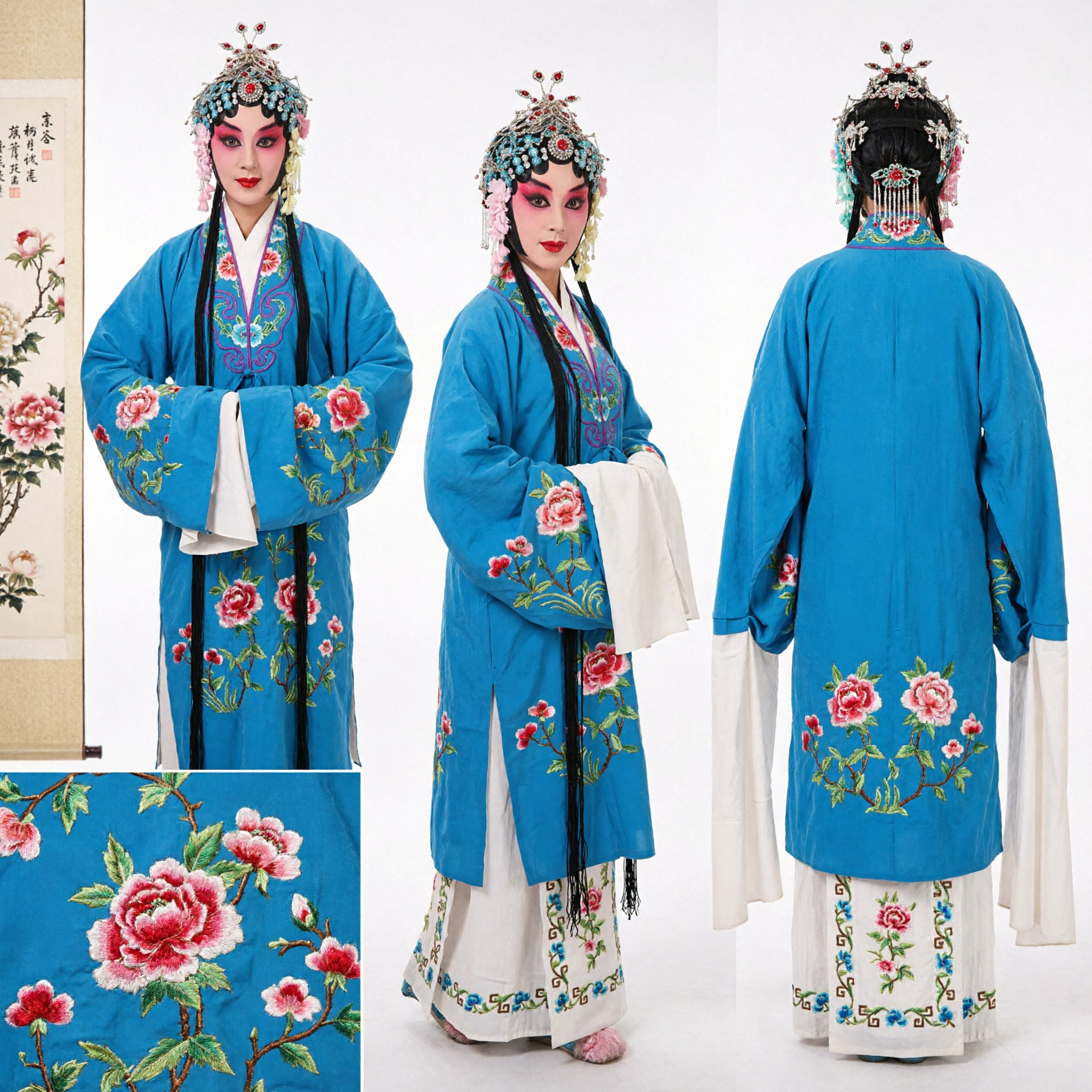 Traditional Chinese Peking Opera Blue Costume with Floral Embroidery and Long Water Sleeves for Dan Role Performance - Asian Costume