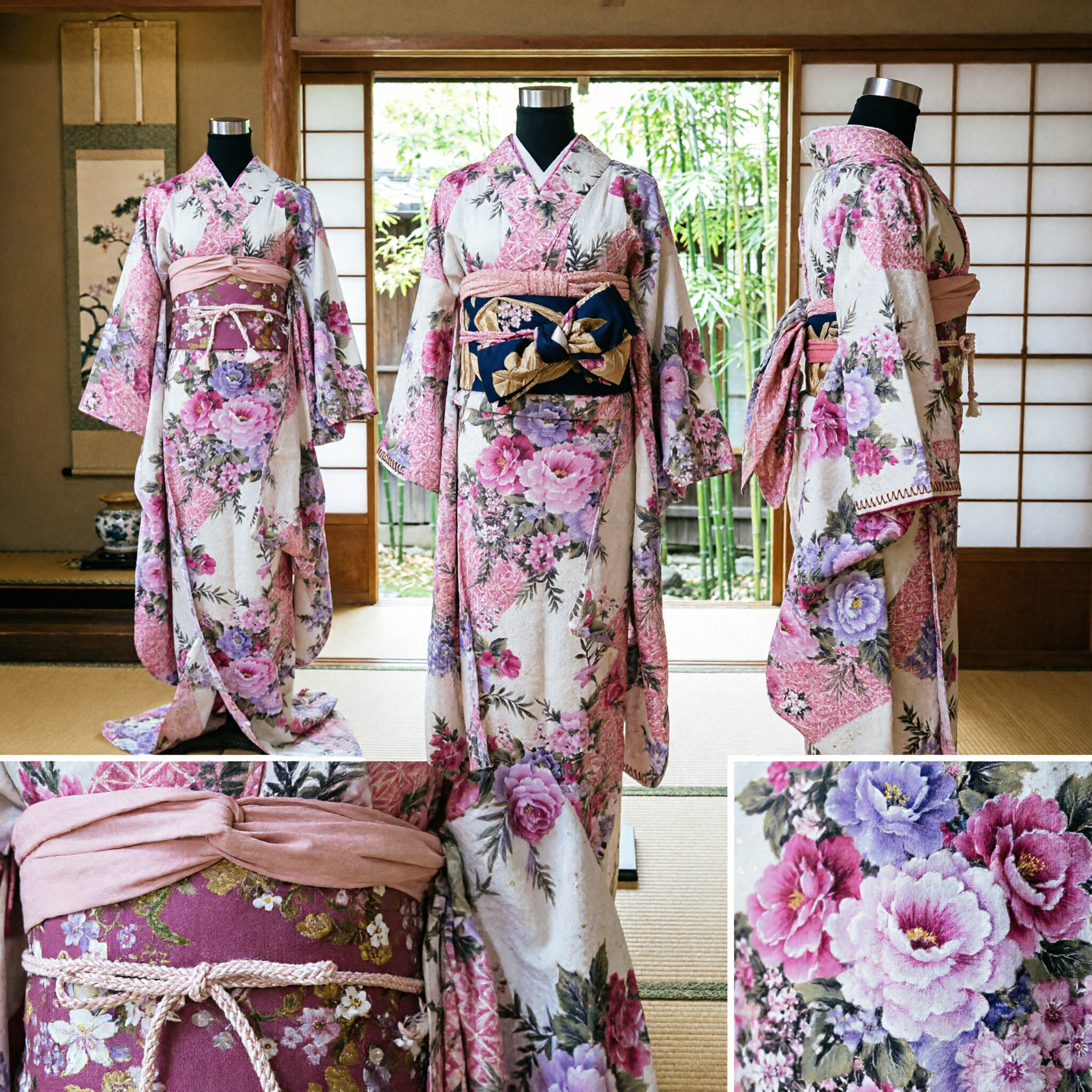 Traditional Japanese Floral Kimono Dress Pink Purple Flower Pattern Long Sleeve Geisha Costume for Women Stage Performance - Asian Costume
