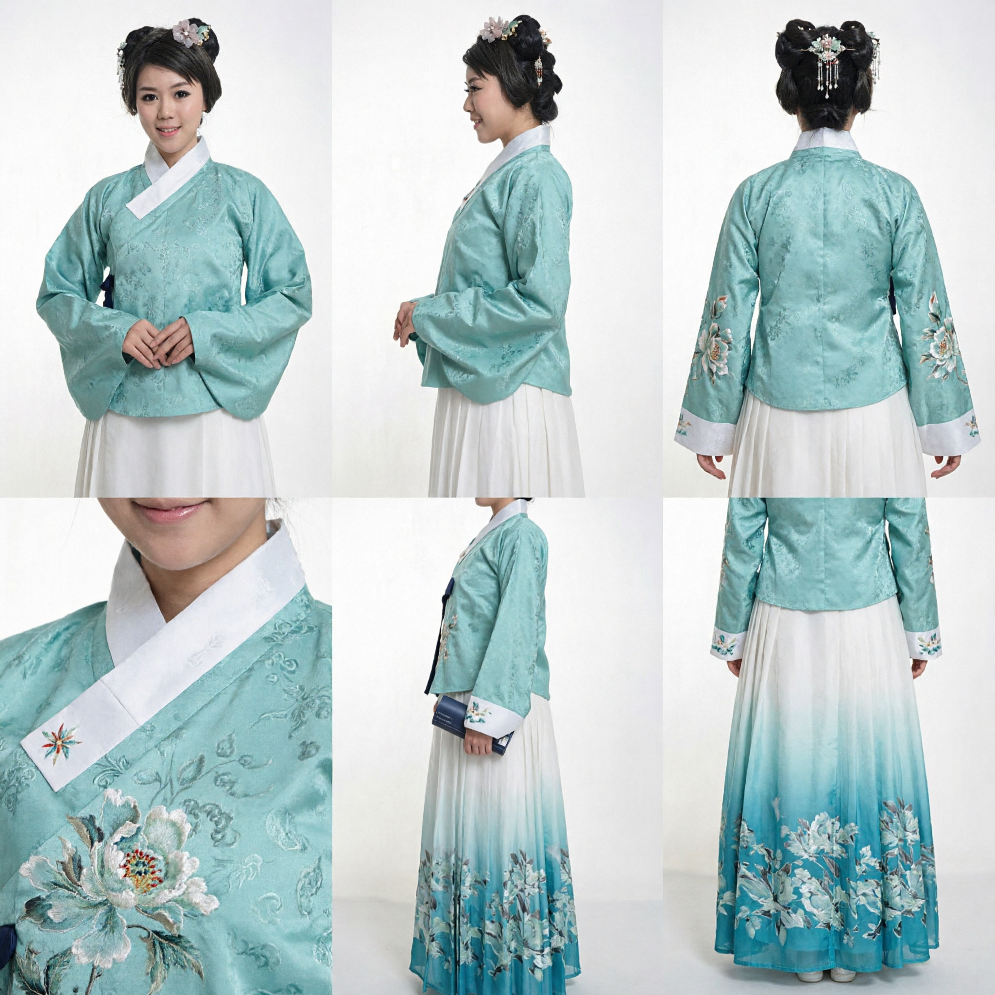 Traditional Chinese Hanfu Ming Dynasty Style Mint Green Top and Floral Skirt Set for Women Tea Ceremony Photography - Asian Costume