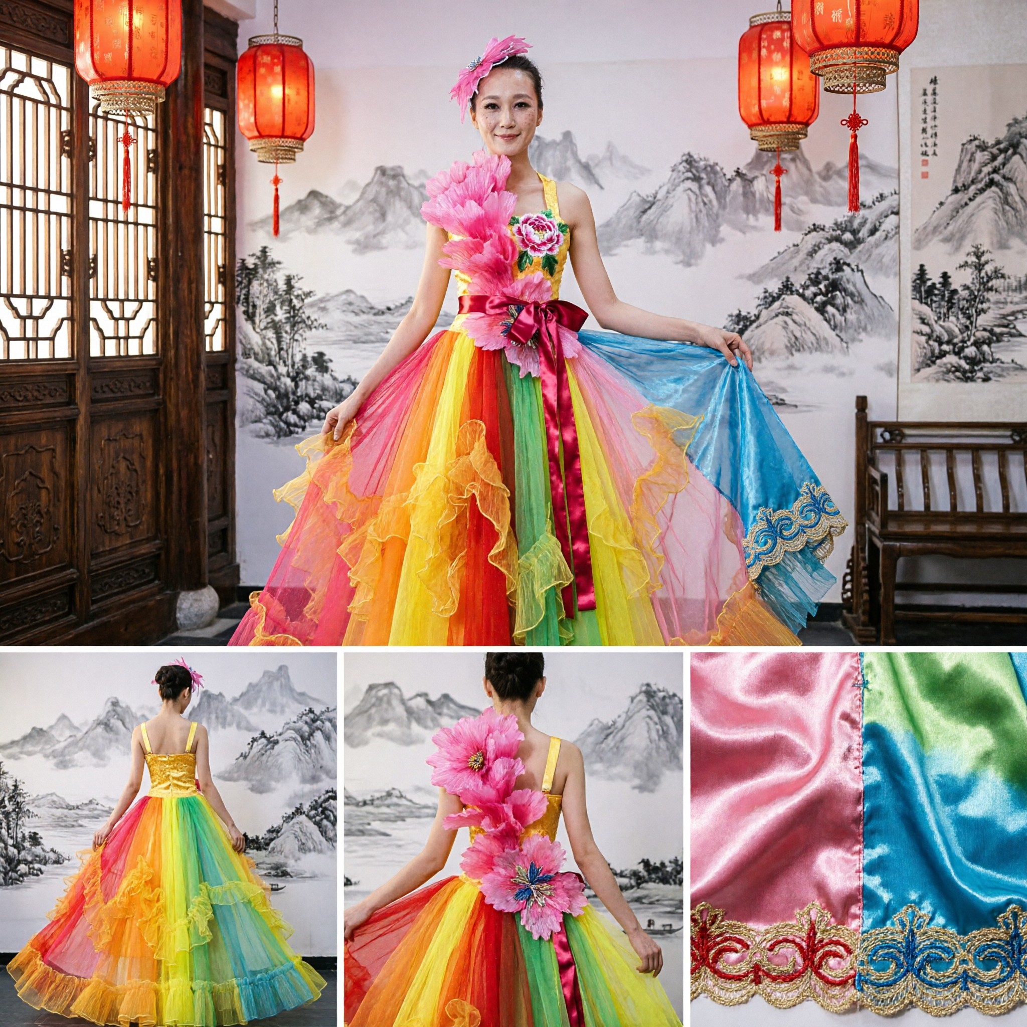 Vibrant Rainbow Chinese Folk Dance Costume Women's Yangge Stage Performance Dress with Floral Accents - Asian Costume