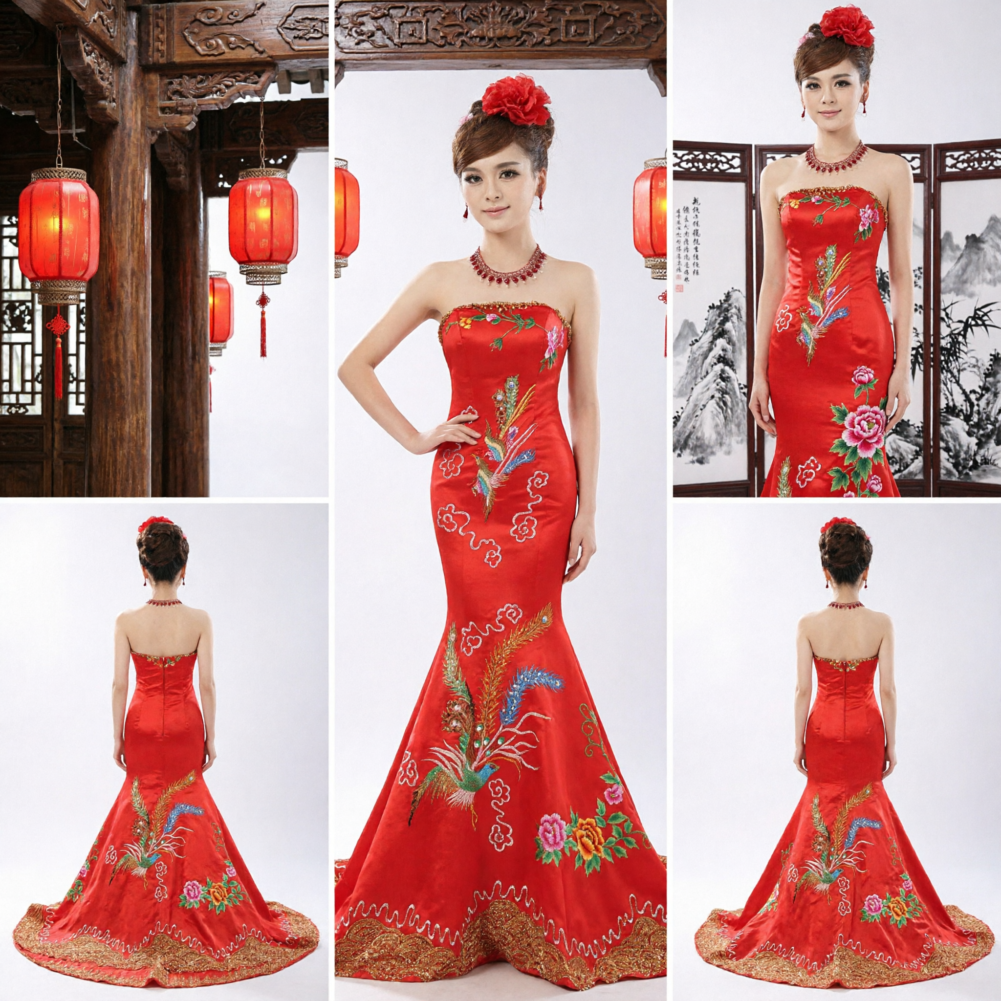 Elegant Red Chinese Wedding Dress Mermaid Style Phoenix Embroidery Traditional Formal Gown for Brides - Asian Costume