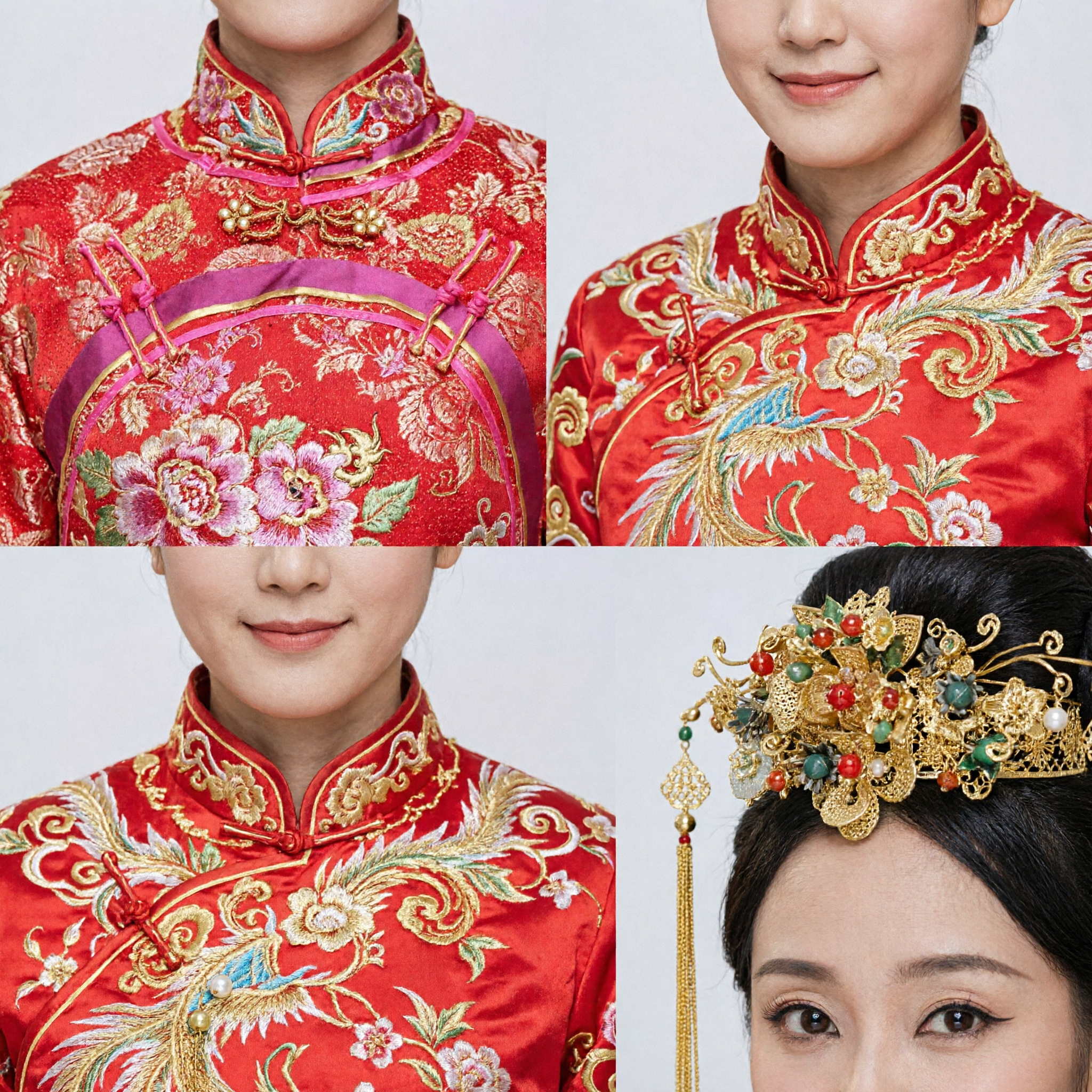 Traditional Chinese Wedding Phoenix Crown Headpiece Gold Hair Jewelry with Red Veil for Bride Hanfu Costume - Asian Costume