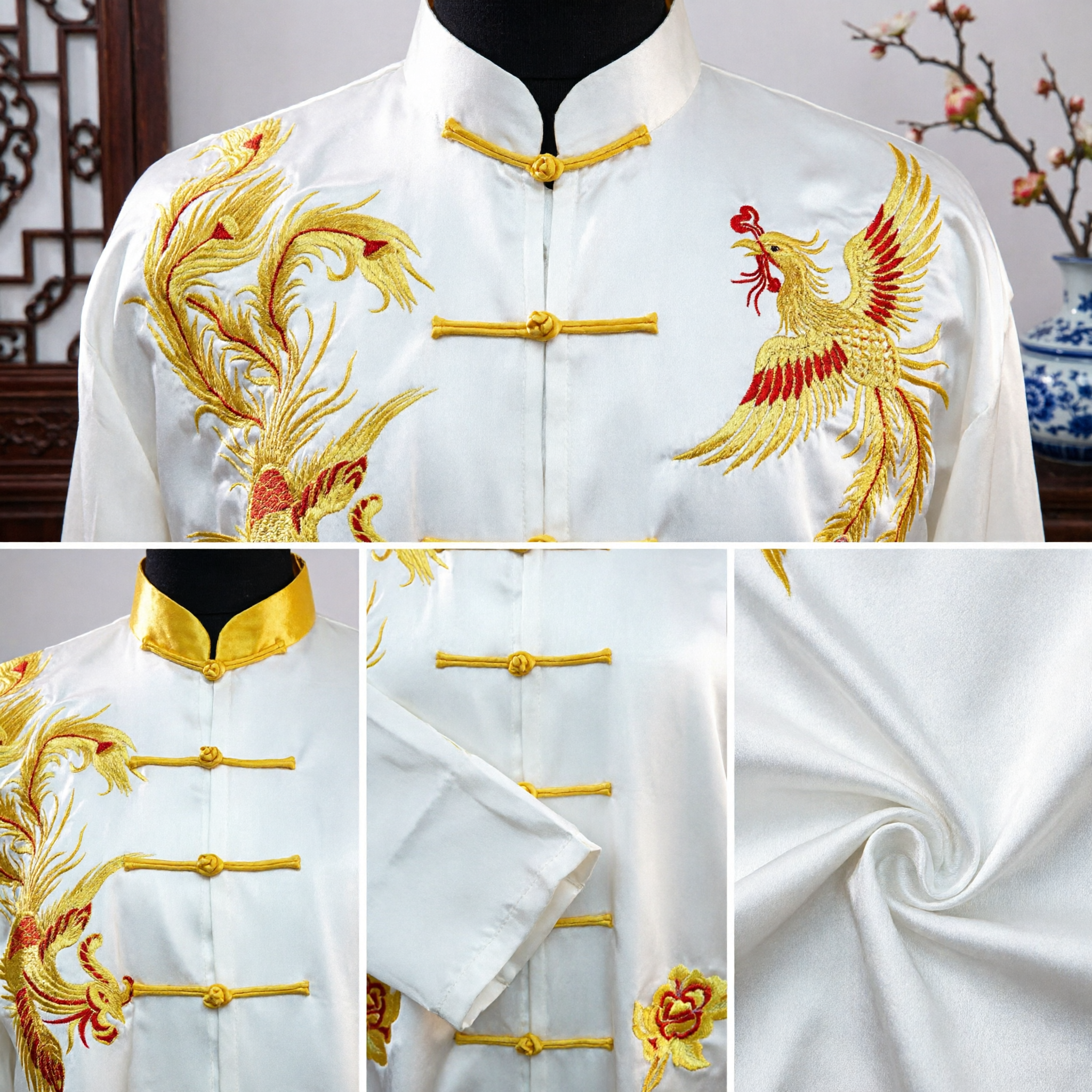 White Silk Chinese Tang Suit with Gold Phoenix Embroidery Traditional Kung Fu Tai Chi Uniform for Men - Asian Costume