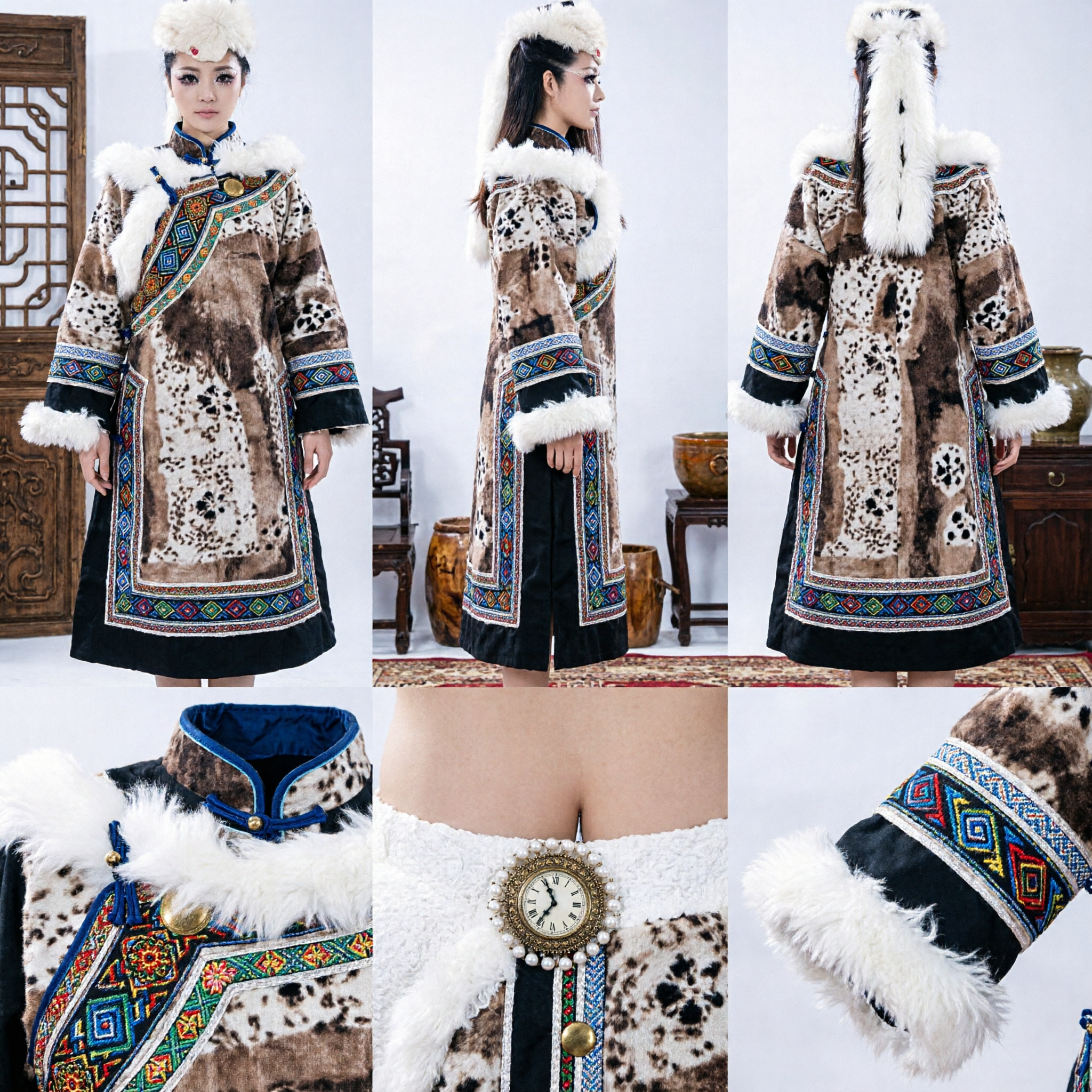 Women's Exotic White Fox Spirit Dance Costume Ethnic Stage Performance Outfit with Fur Hat and Leopard Print - Asian Costume