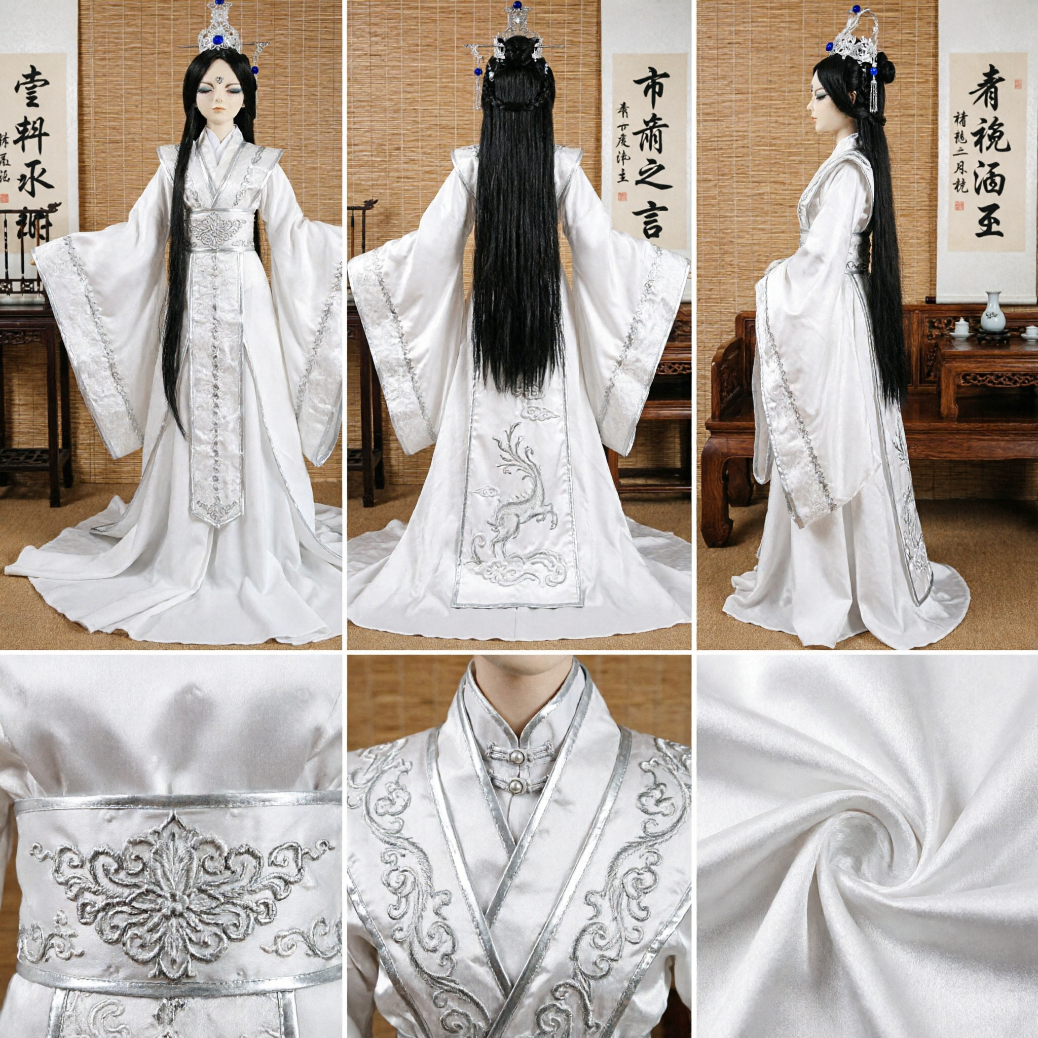 Traditional Chinese White Hanfu Cosplay Costume for BJD Doll Ancient Palace Fairy Dress with Silver Embroidery - Asian Costume