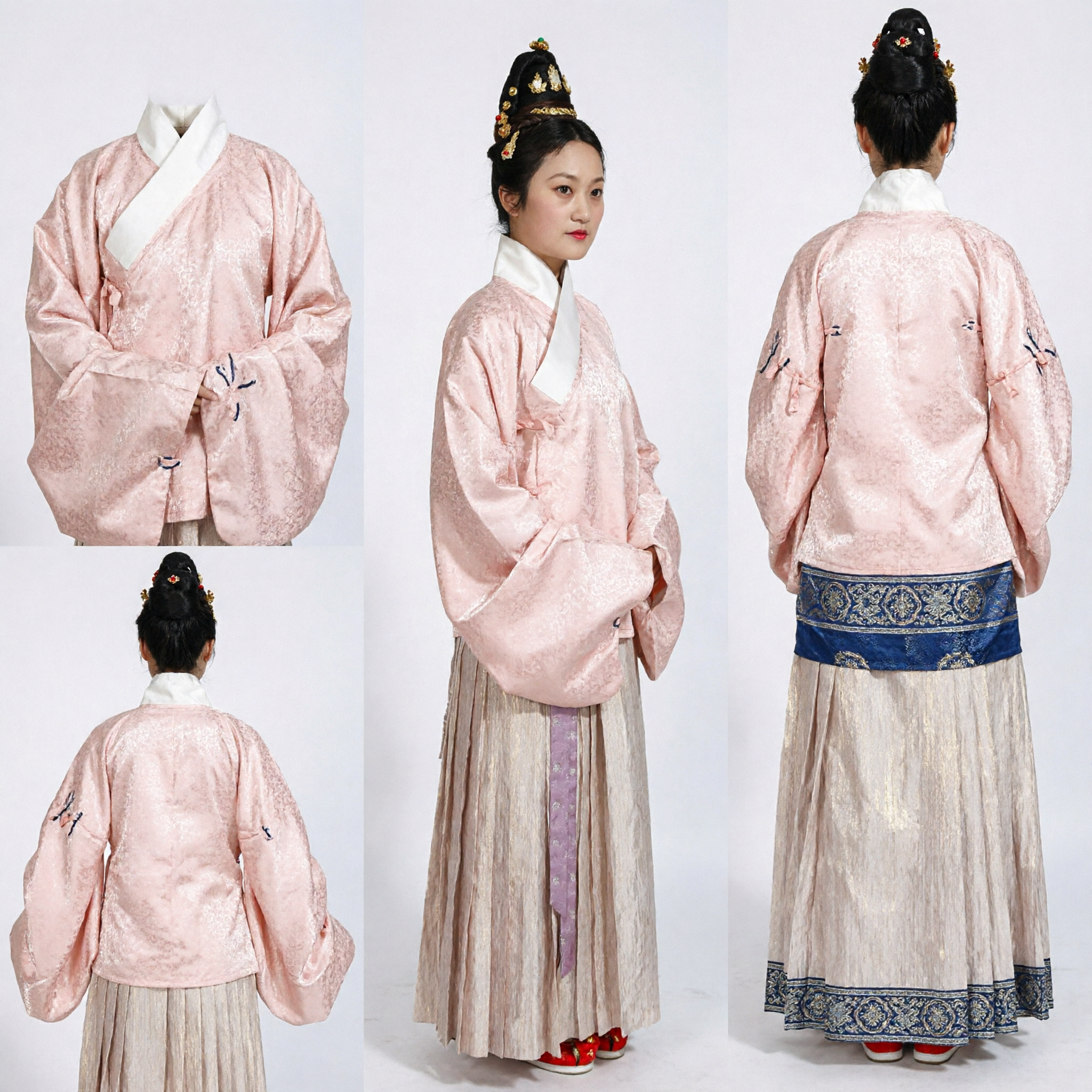 Women's Traditional Chinese Hanfu Ming Dynasty Pink Silk Top and Gold Pleated Skirt Complete Costume Set - Asian Costume