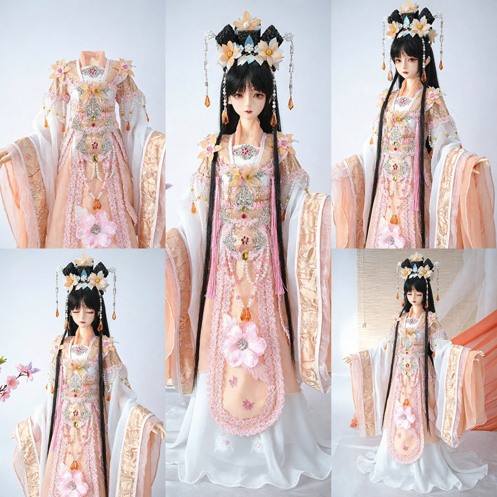 Exquisite Pink Tang Dynasty Hanfu Dress for BJD Dolls Traditional Chinese Ancient Costume with Hair Accessories - Asian Costume