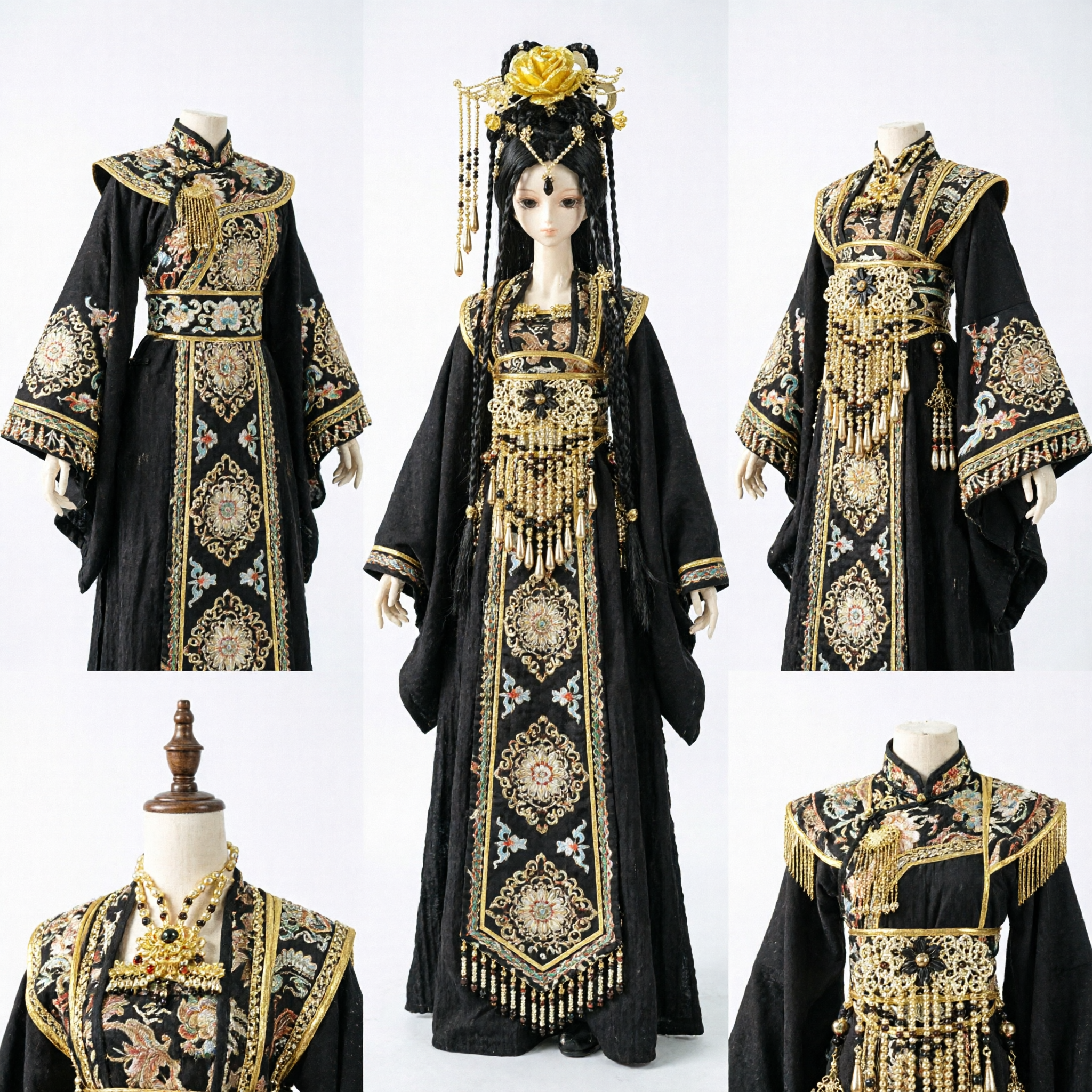 Exquisite Black and Gold Imperial BJD Doll Outfit with Elaborate Floral Headpiece for Collectors and Display - Asian Costume