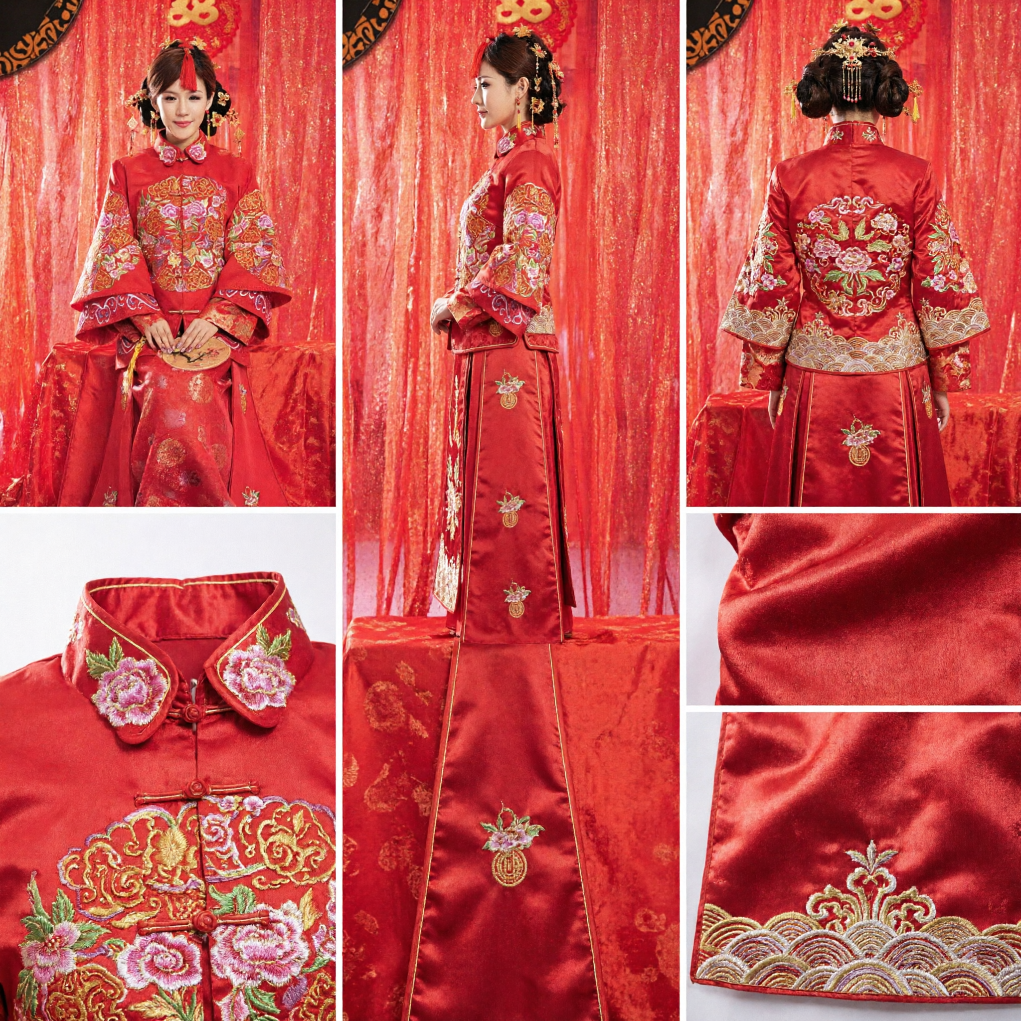 Traditional Chinese Wedding Dress Red Qun Kwa Embroidered Bridal Gown Jacket Skirt Set for Bride - Asian Costume