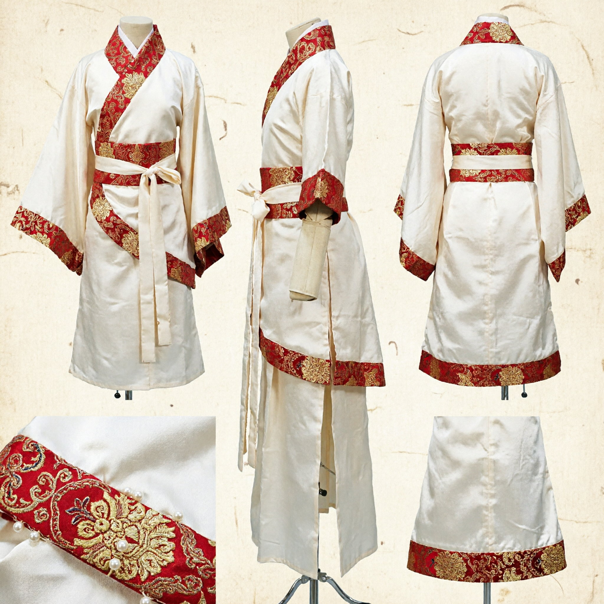 Traditional Chinese Hanfu Ancient Scholar Costume White Robe Red Trim for Cosplay Performance and Cultural Events - Asian Costume