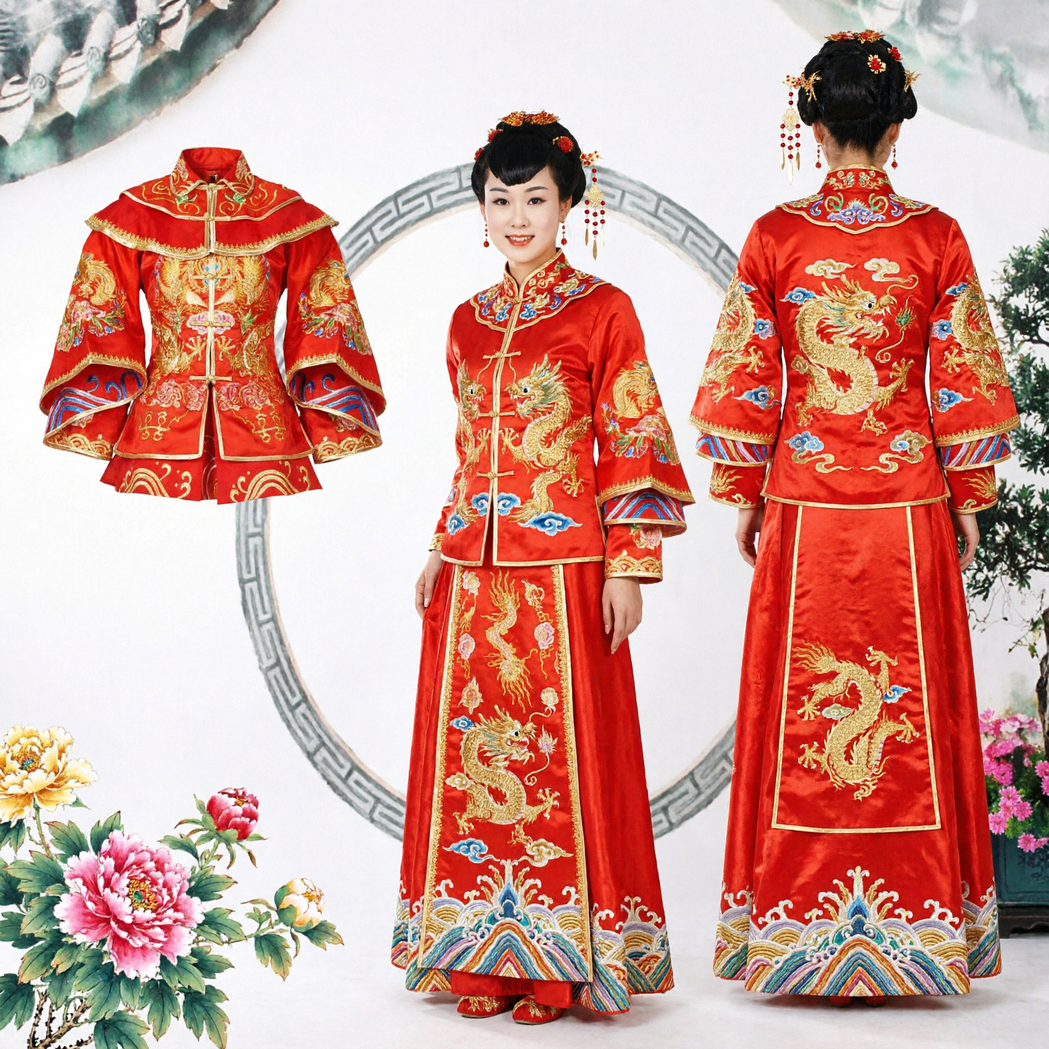 Traditional Chinese Wedding Dress Red Qun Kwa Gold Dragon Phoenix Embroidery Bride Costume for Women - Asian Costume