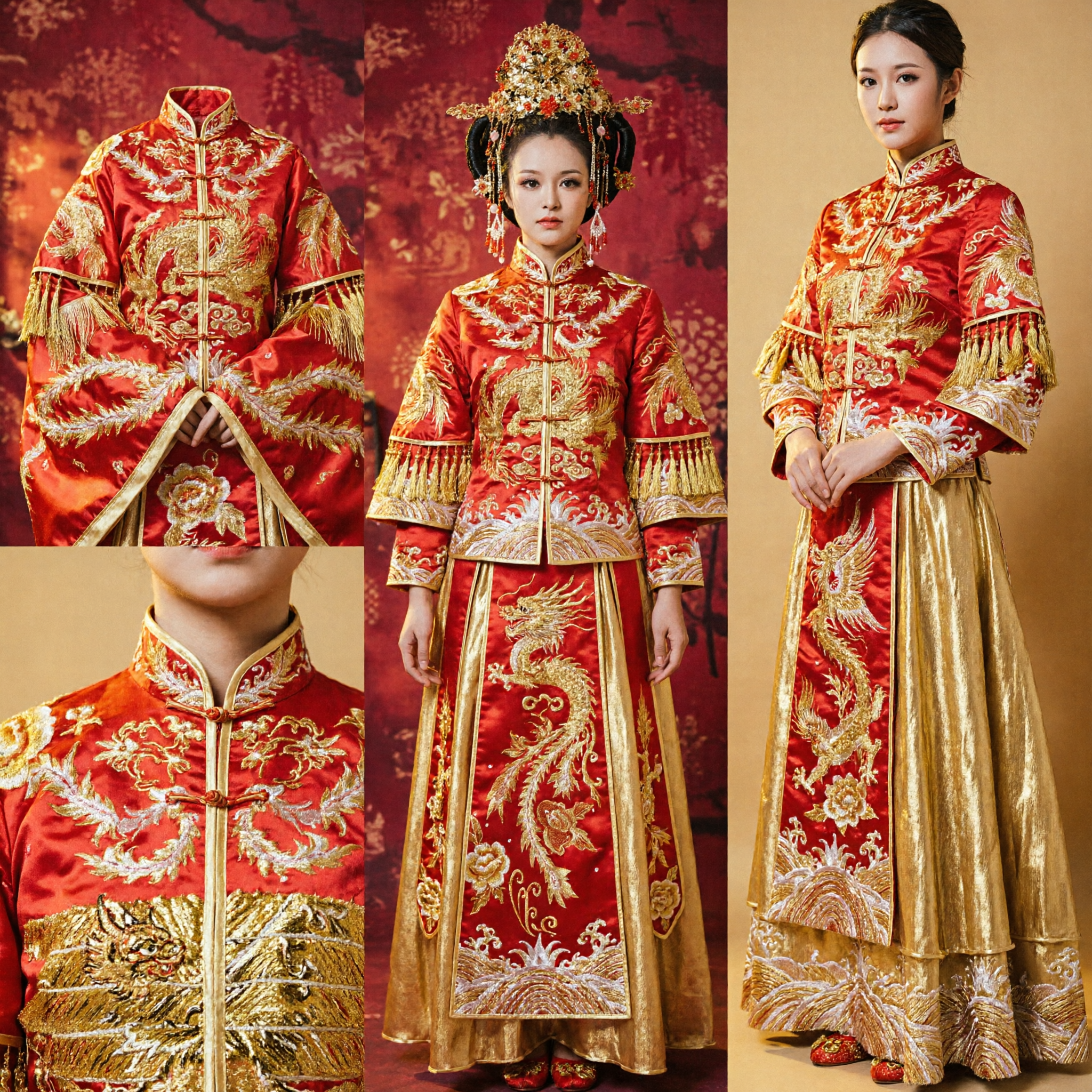 Traditional Chinese Wedding Dress Red Gold Phoenix Embroidery Xiu He Fu Ancient Bride Costume for Women - Asian Costume