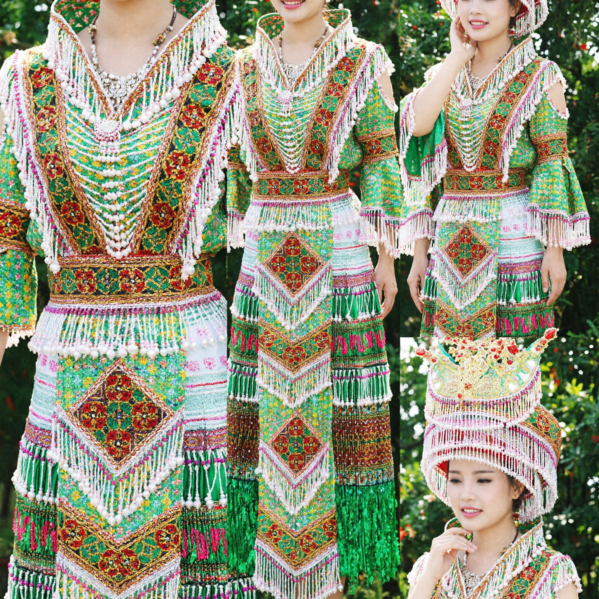 Chinese Miao Ethnic Minority Traditional Costume Green Embroidered Dress and Silver Headdress Set for Women - Asian Costume