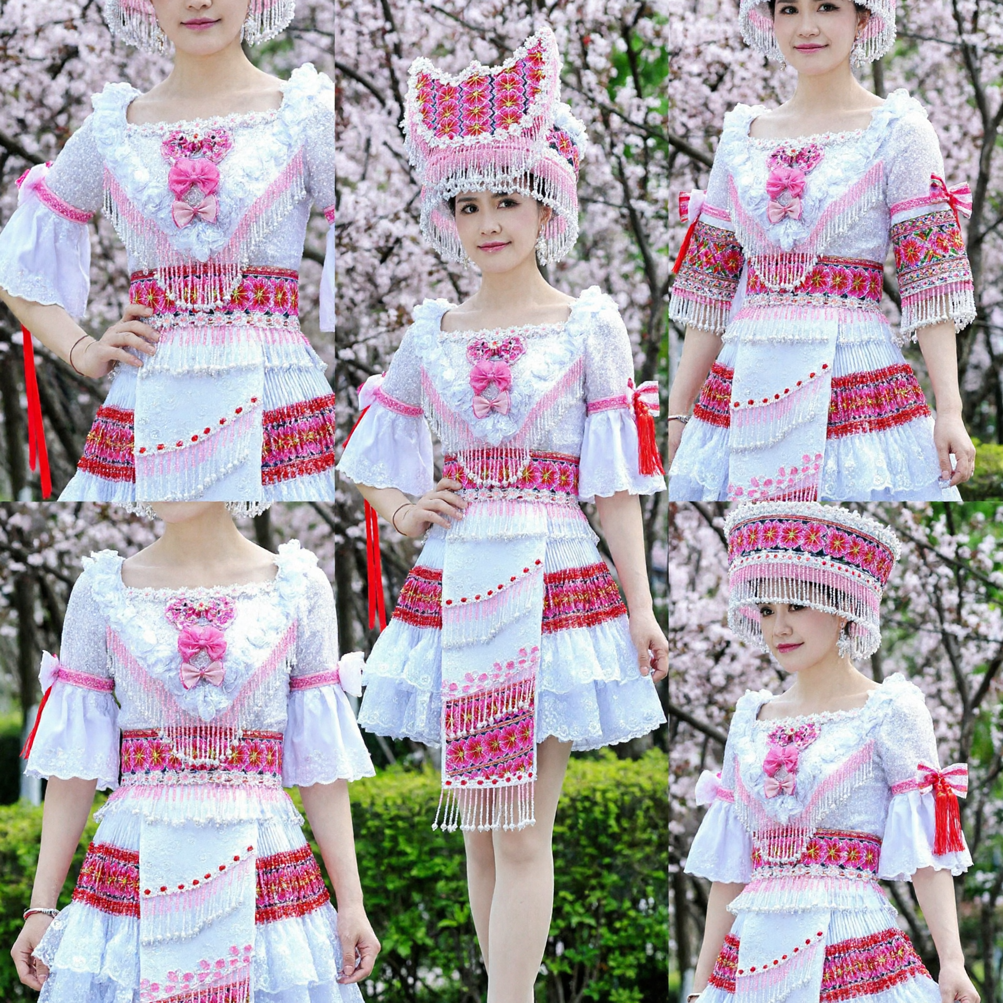 Women's Traditional Chinese Ethnic Minority Dance Costume Pink and White Embroidered Dress with Headdress for Stage Performance - Asian Costume