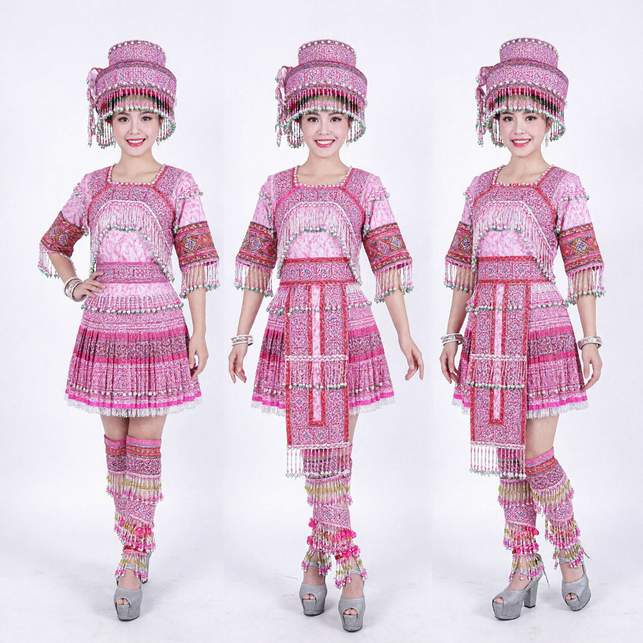 Traditional Pink Chinese Miao Minority Wedding Costume Complete Set with Silver Headdress for Folk Dance - Asian Costume