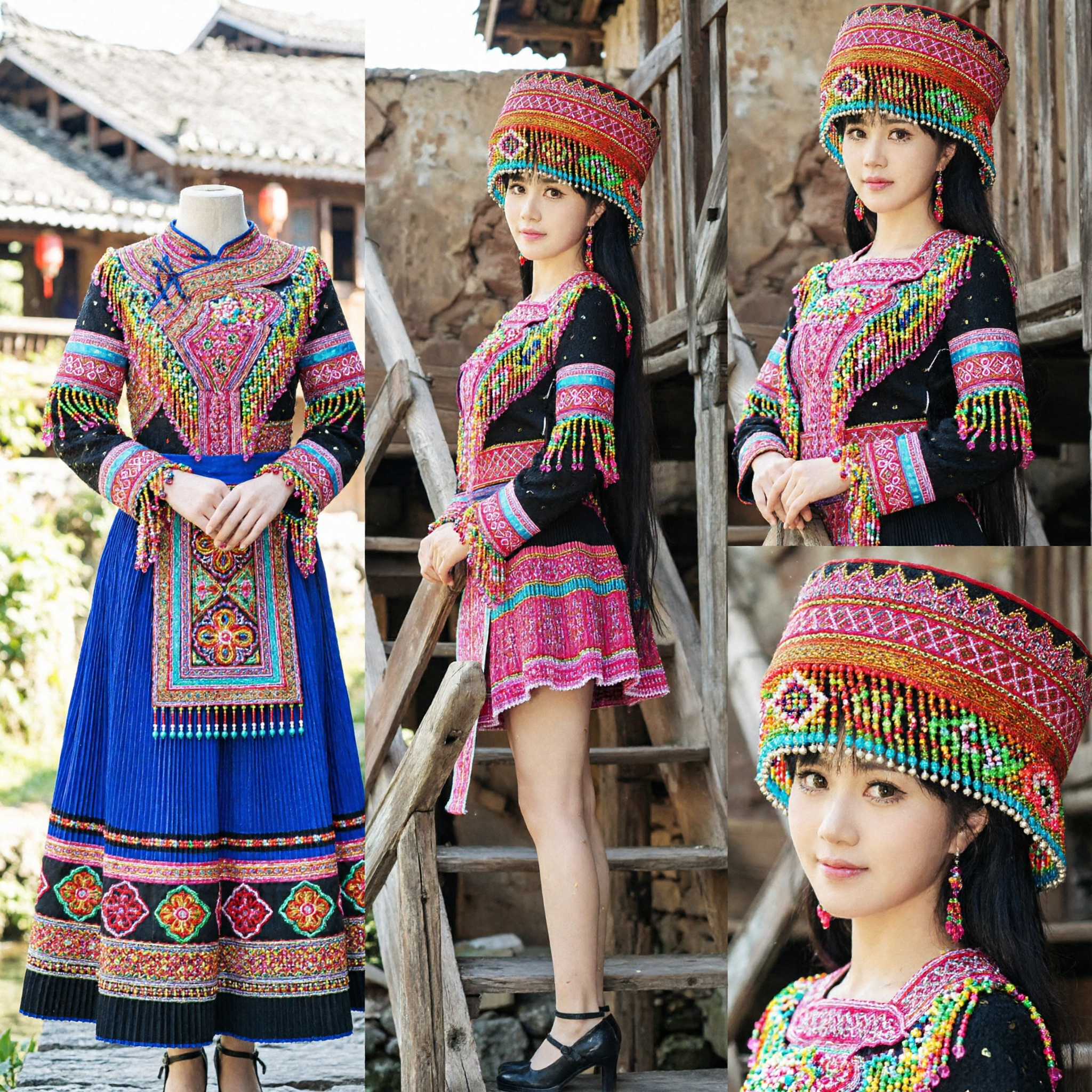 Traditional Chinese Hmong Miao Minority Costume Women Folk Dance Stage Performance Outfit with Beaded Hat - Asian Costume