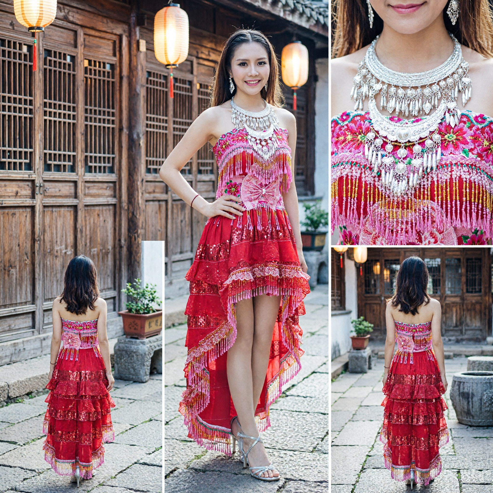 Women's Traditional Chinese Dai Ethnic Costume Pink Fringe Halter Dress for Folk Dance and Stage Performance - Asian Costume