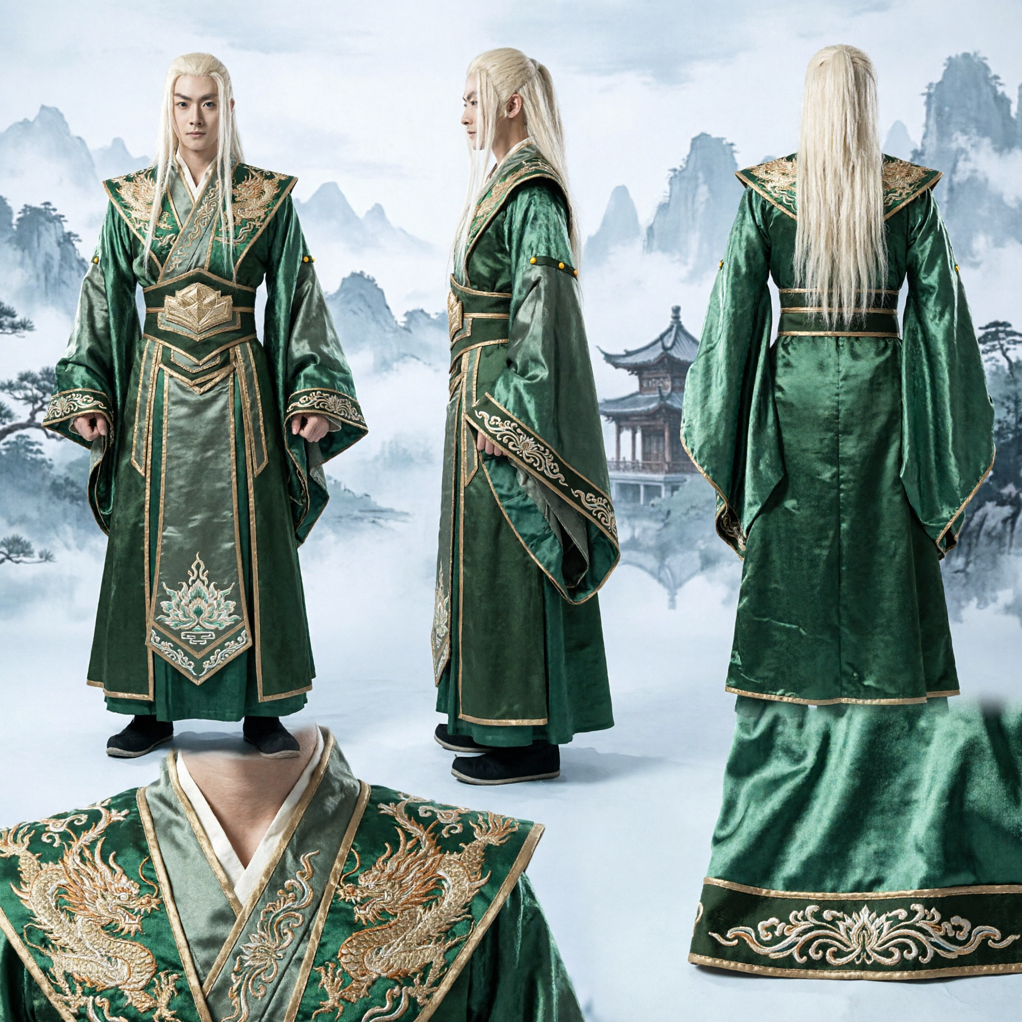 Men's Ancient Chinese Green Wuxia Swordsman Costume Traditional Hanfu Knight Cosplay Outfit for Adults - Asian Costume