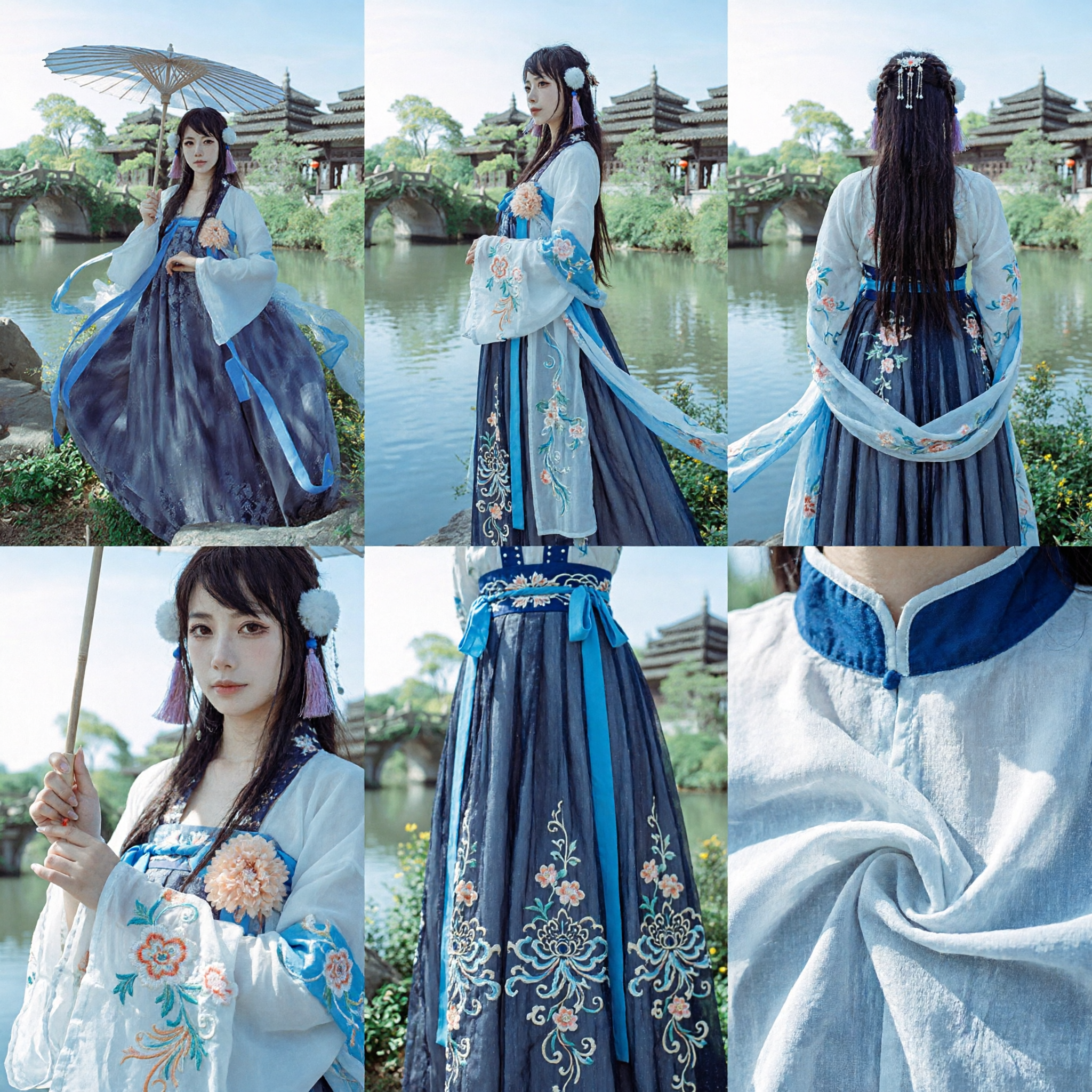 Blue Ancient Chinese Hanfu Costume Women Traditional Tang Dynasty Ruqun Dress Complete Set for Photography - Asian Costume