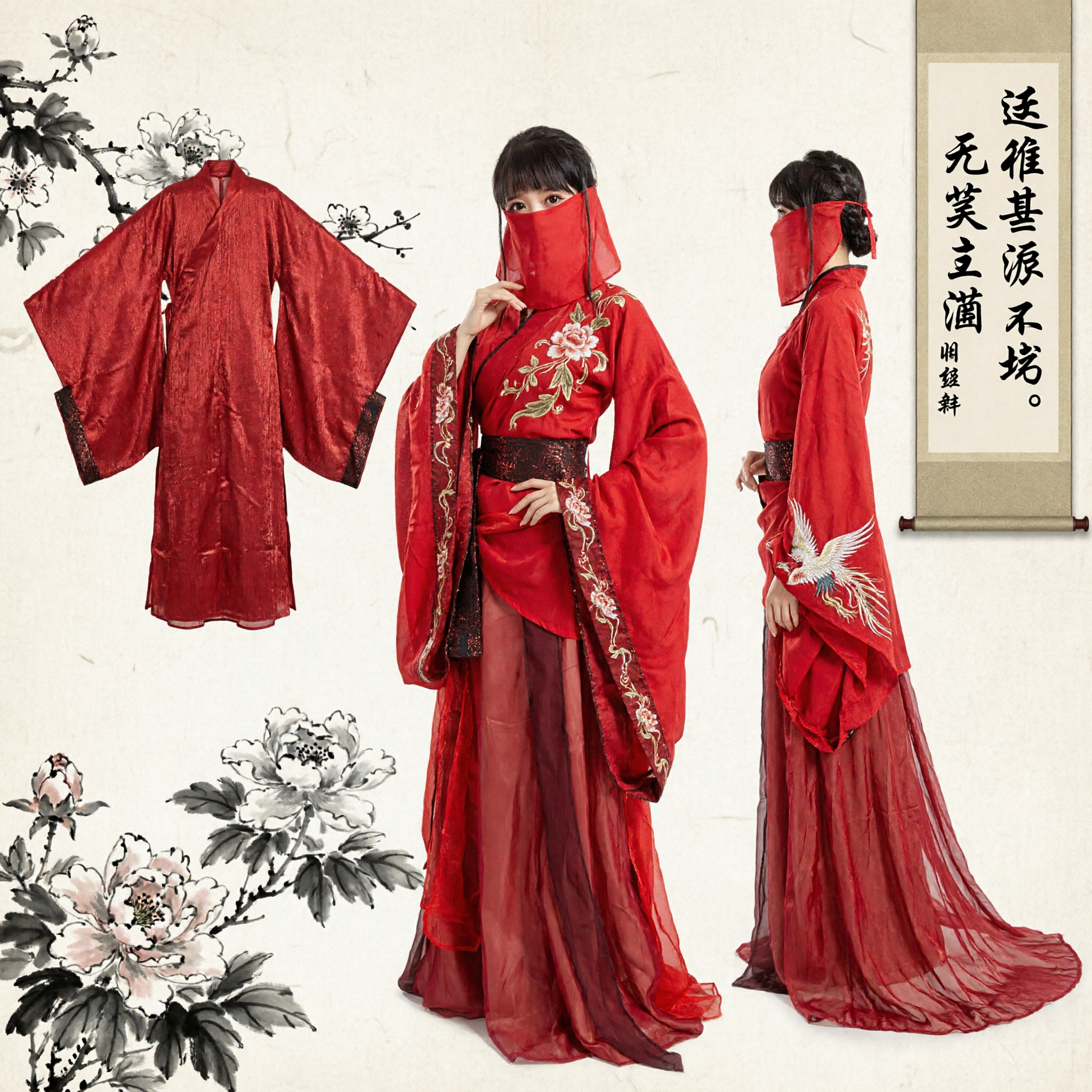 Women's Red Ancient Chinese Wuxia Assassin Costume Traditional Swordswoman Robe with Face Veil for Cosplay - Asian Costume