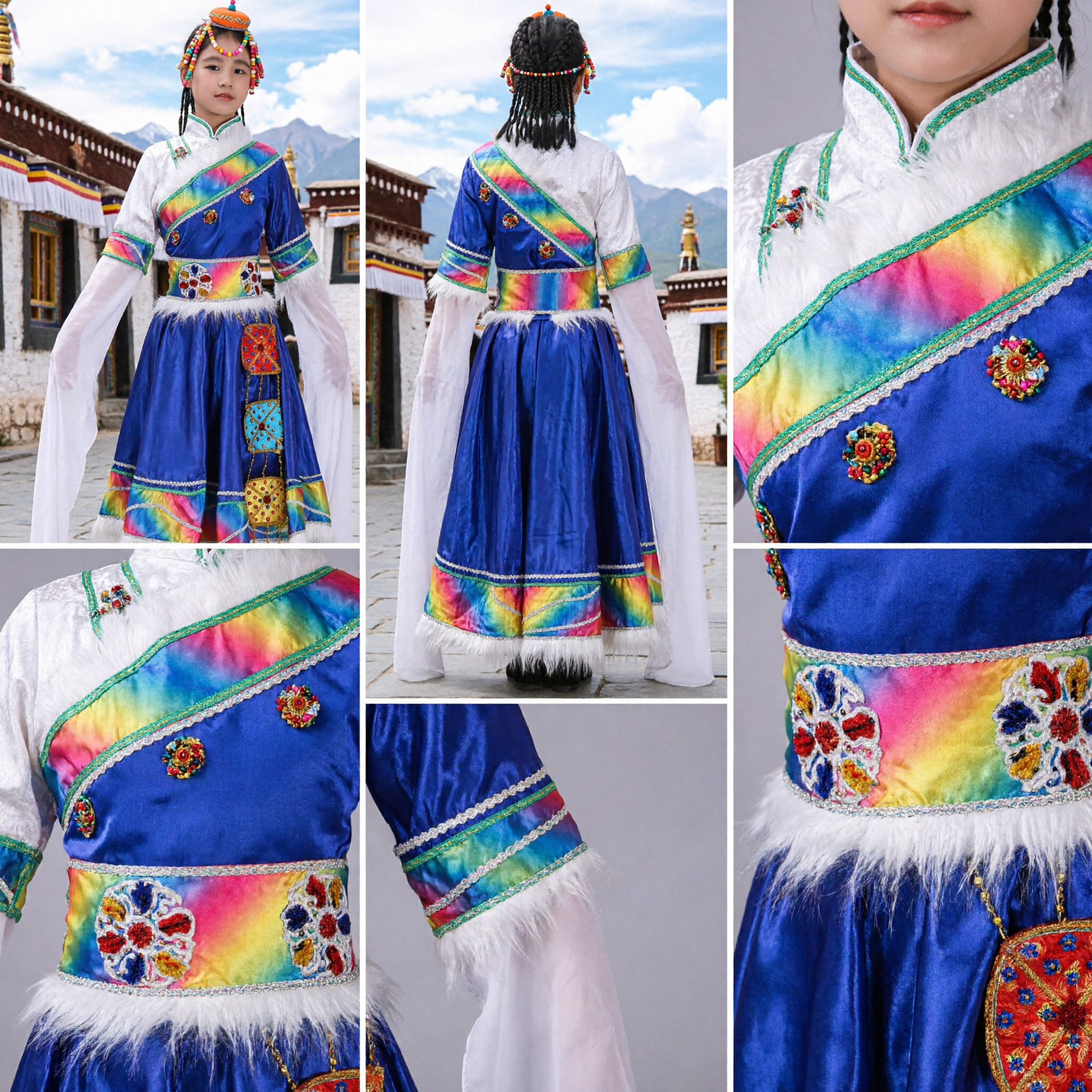Traditional Chinese Tibetan Folk Dance Costume for Girls Kids Stage Performance Dress with Long Water Sleeves - Asian Costume