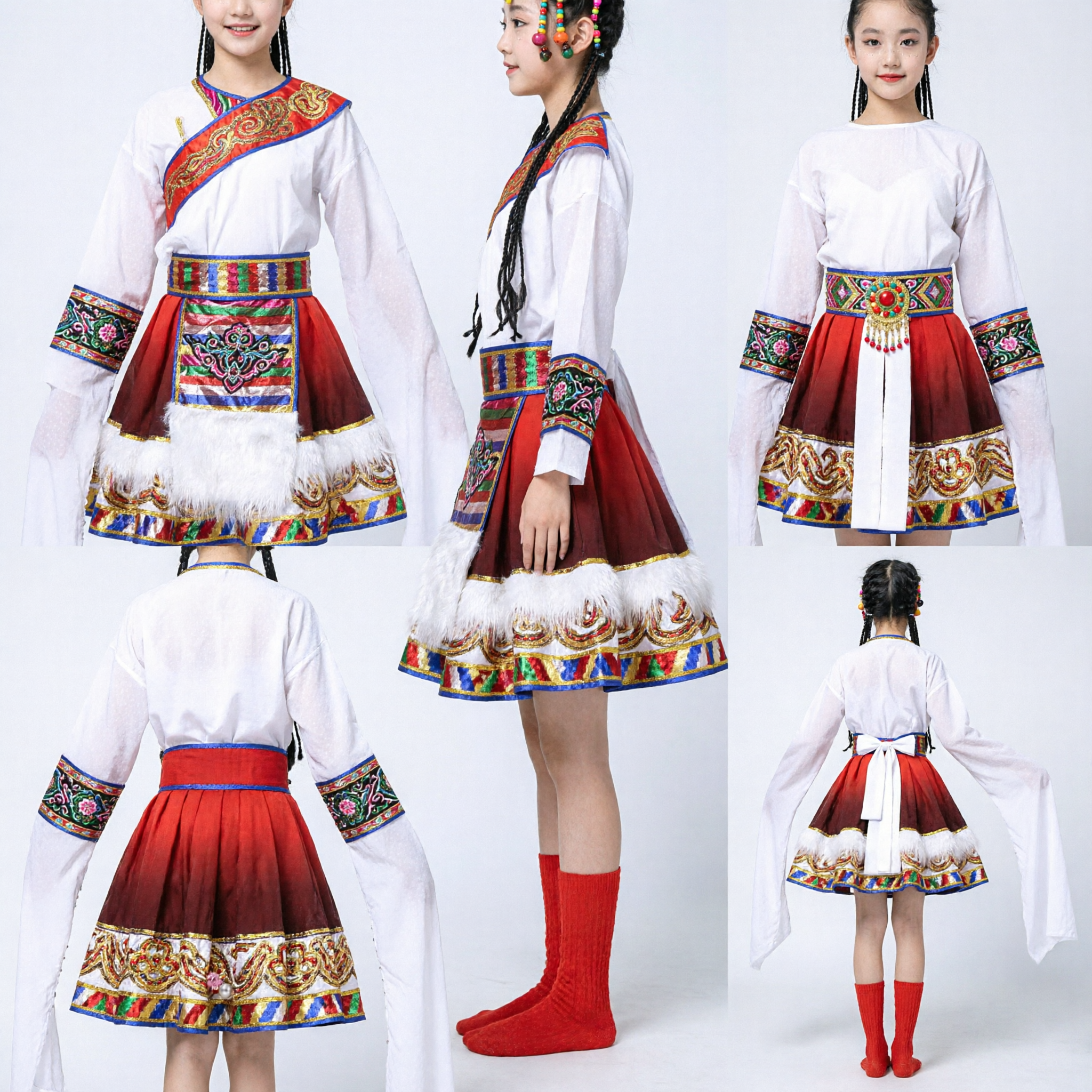 Traditional Chinese Tibetan Folk Dance Costume for Kids Girl Water Sleeve Performance Outfit Set - Asian Costume