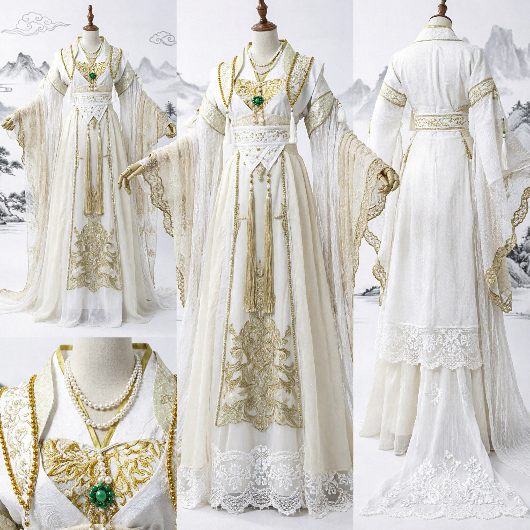 Elegant White Gold Embroidered Chinese Hanfu Ancient Costume Tang Dynasty Fairy Dress for Women Cosplay - Asian Costume