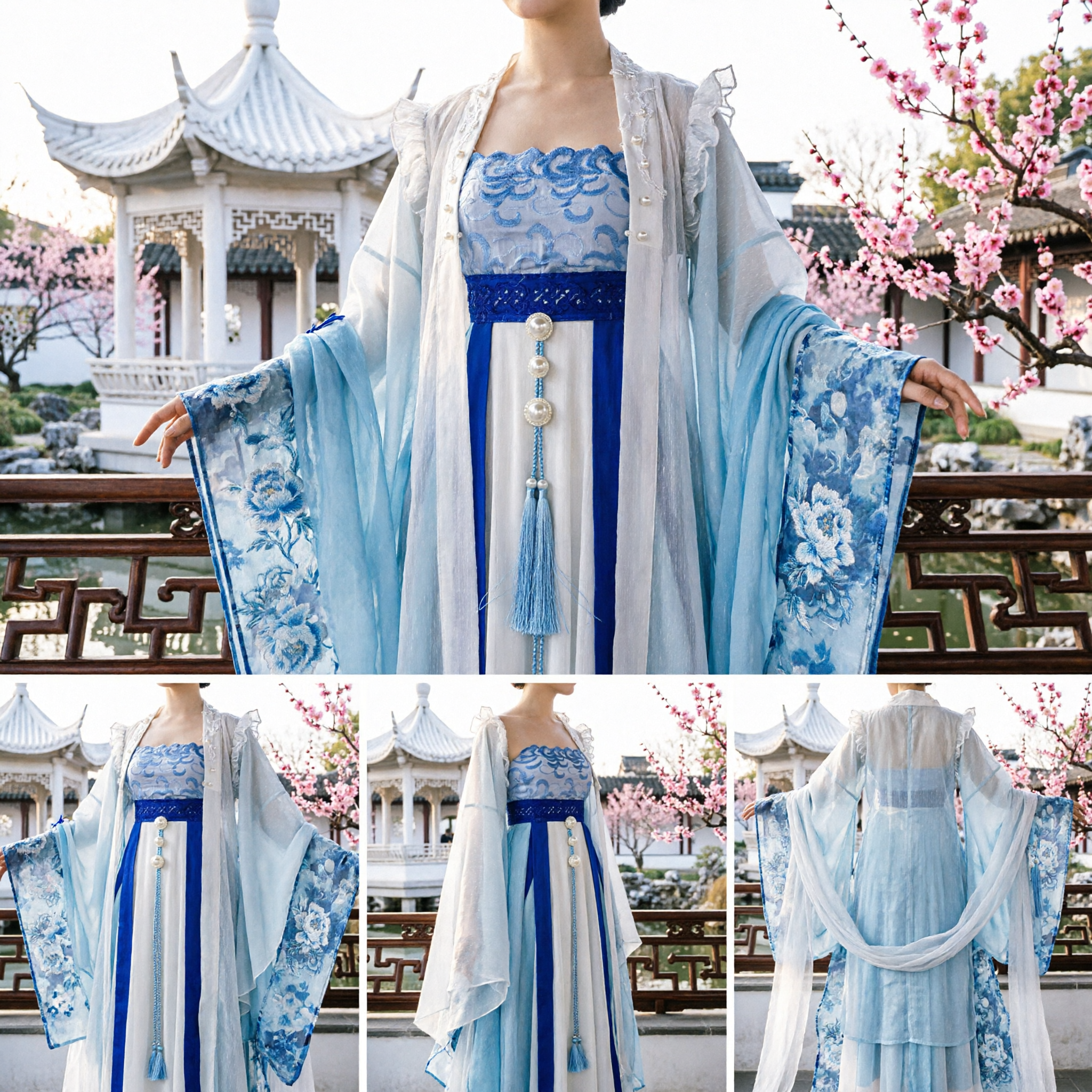 Elegant Traditional Chinese Hanfu Blue Floral Ancient Palace Dress for Women Cosplay Performance - Asian Costume