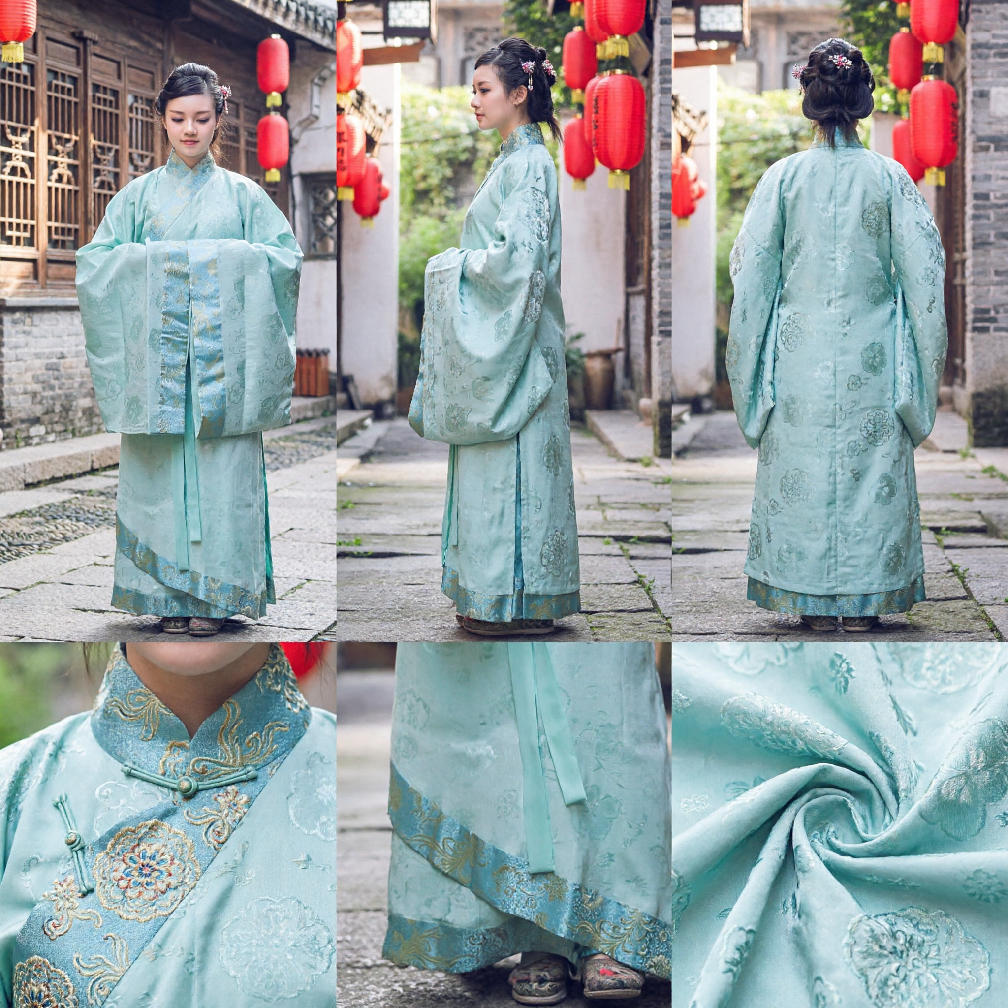 Traditional Chinese Hanfu Costume Women Ancient Ming Dynasty Style Mint Green Brocade Robe for Wedding Performance - Asian Costume